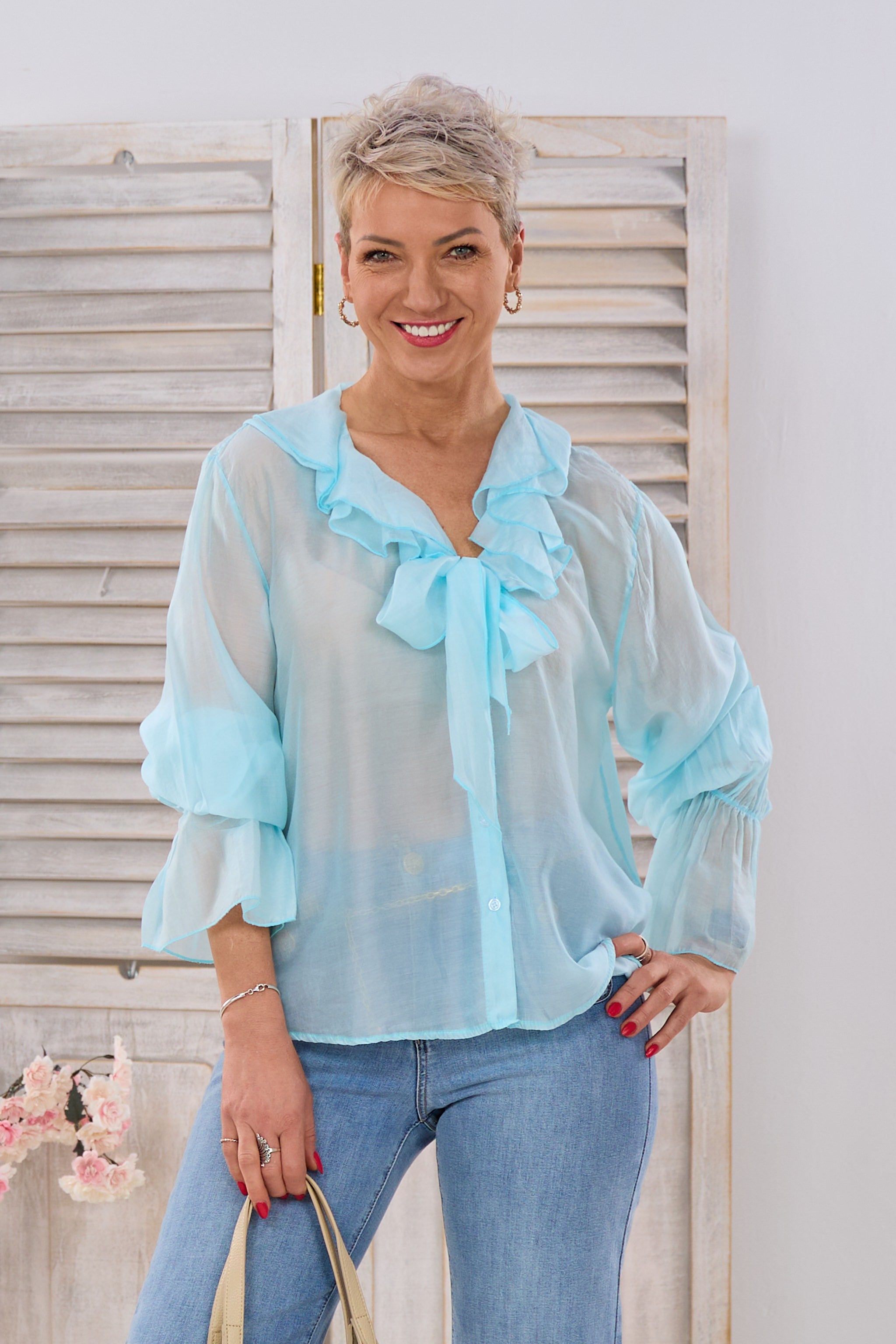 Transparente Bluse mit Volants, türkis