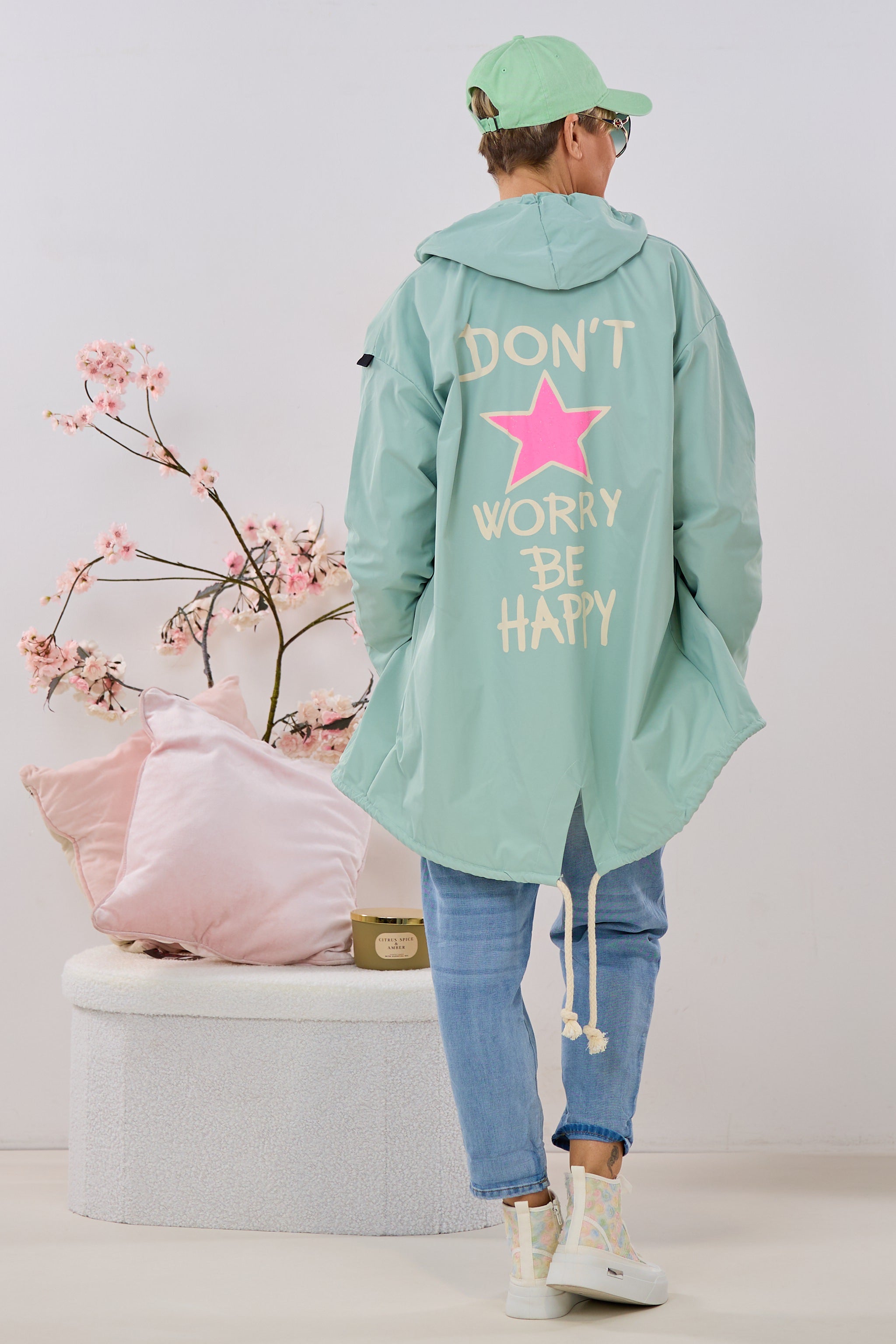 Leichter Parka DON'T WORRY BE HAPPY, lindgrün