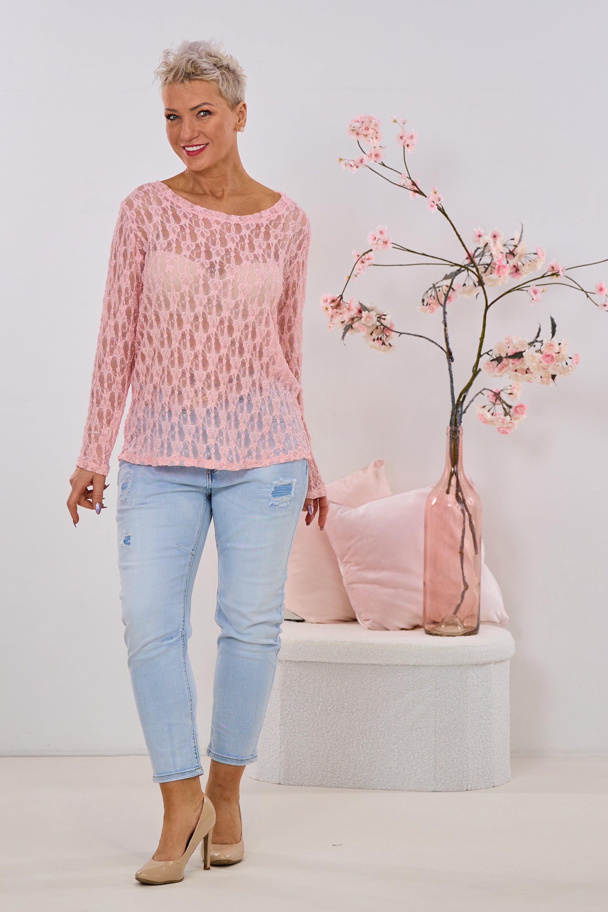 Spitzen-Langarmshirt, rosa