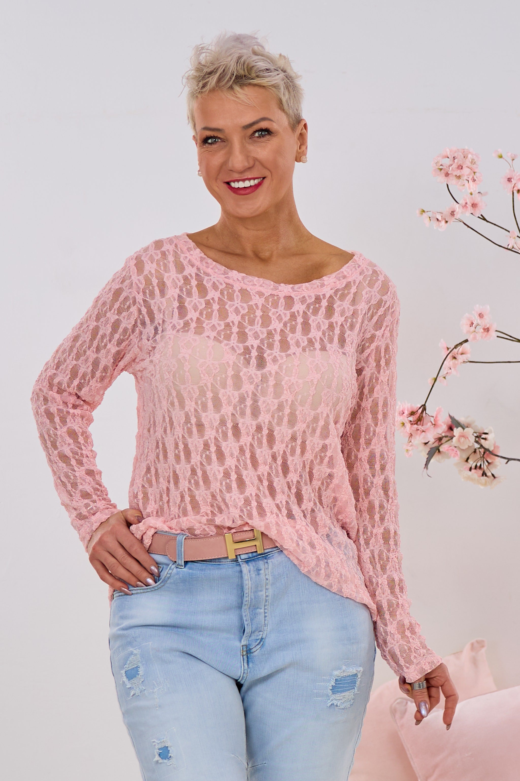 Spitzen-Langarmshirt, rosa