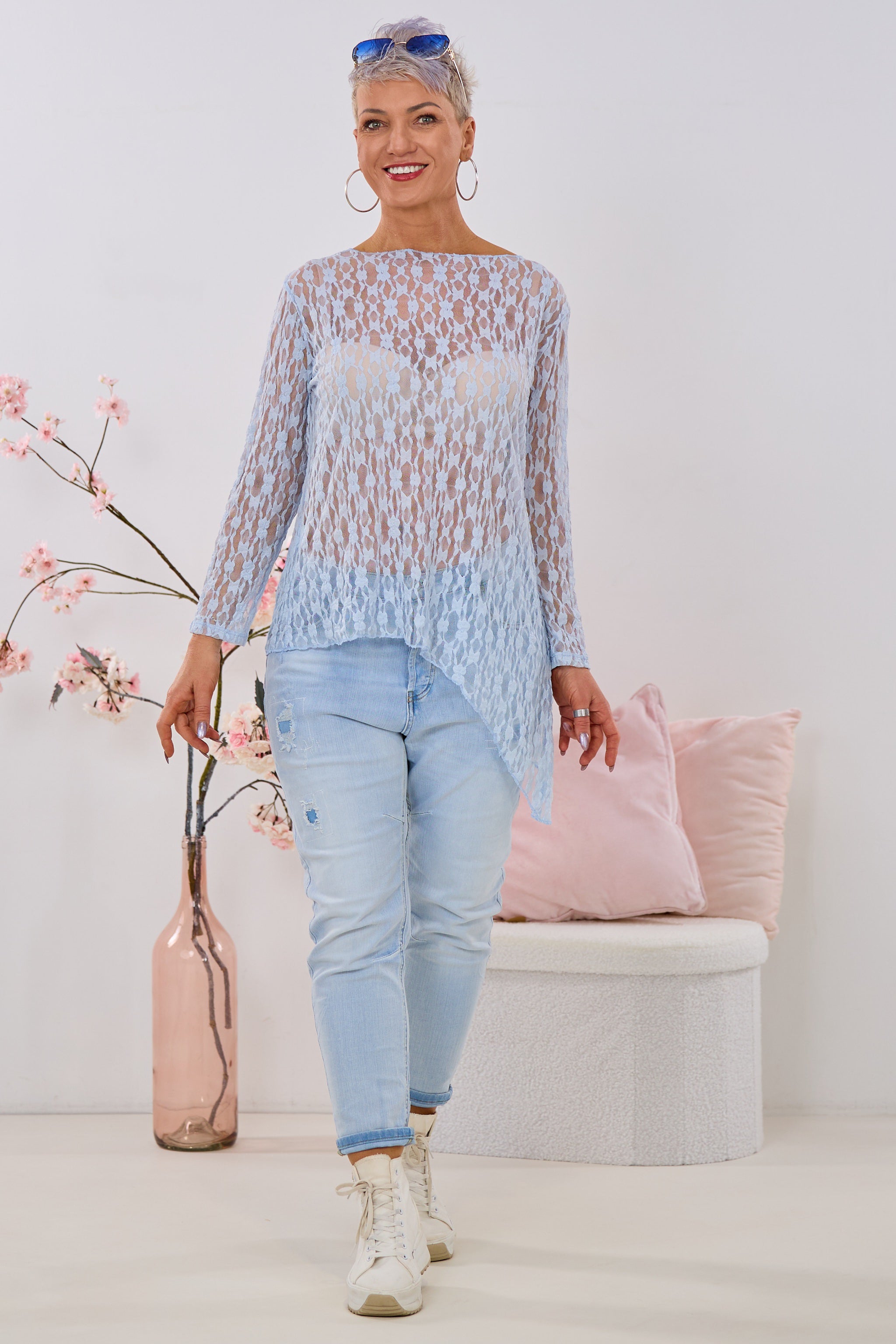 Asymmetrisches Spitzen-Langarmshirt, groß, hellblau