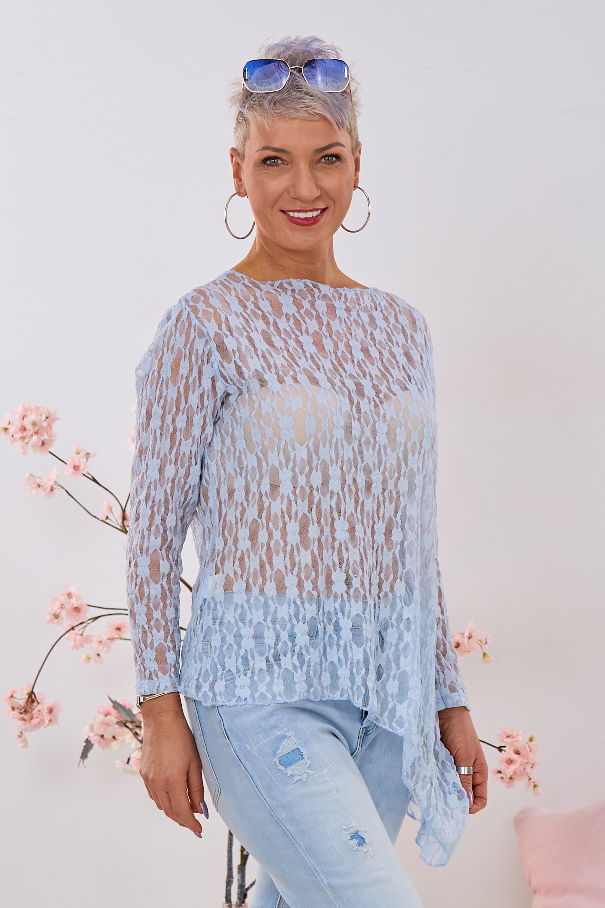 Asymmetrisches Spitzen-Langarmshirt, groß, hellblau