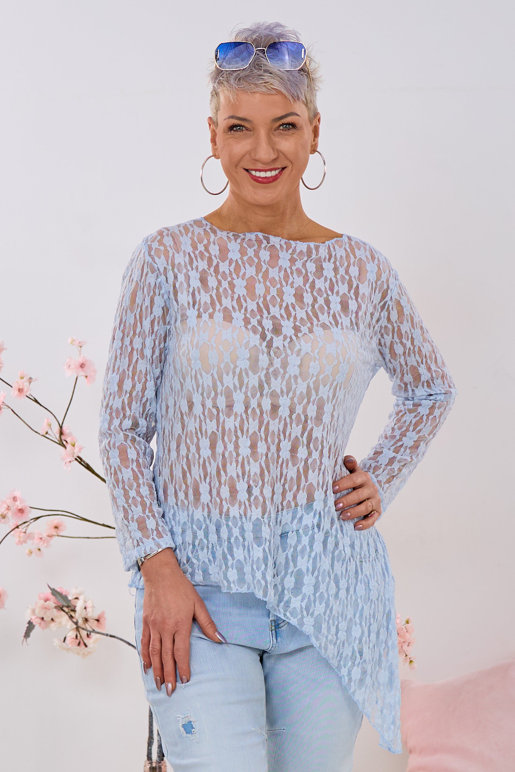 Asymmetrisches Spitzen-Langarmshirt, groß, hellblau