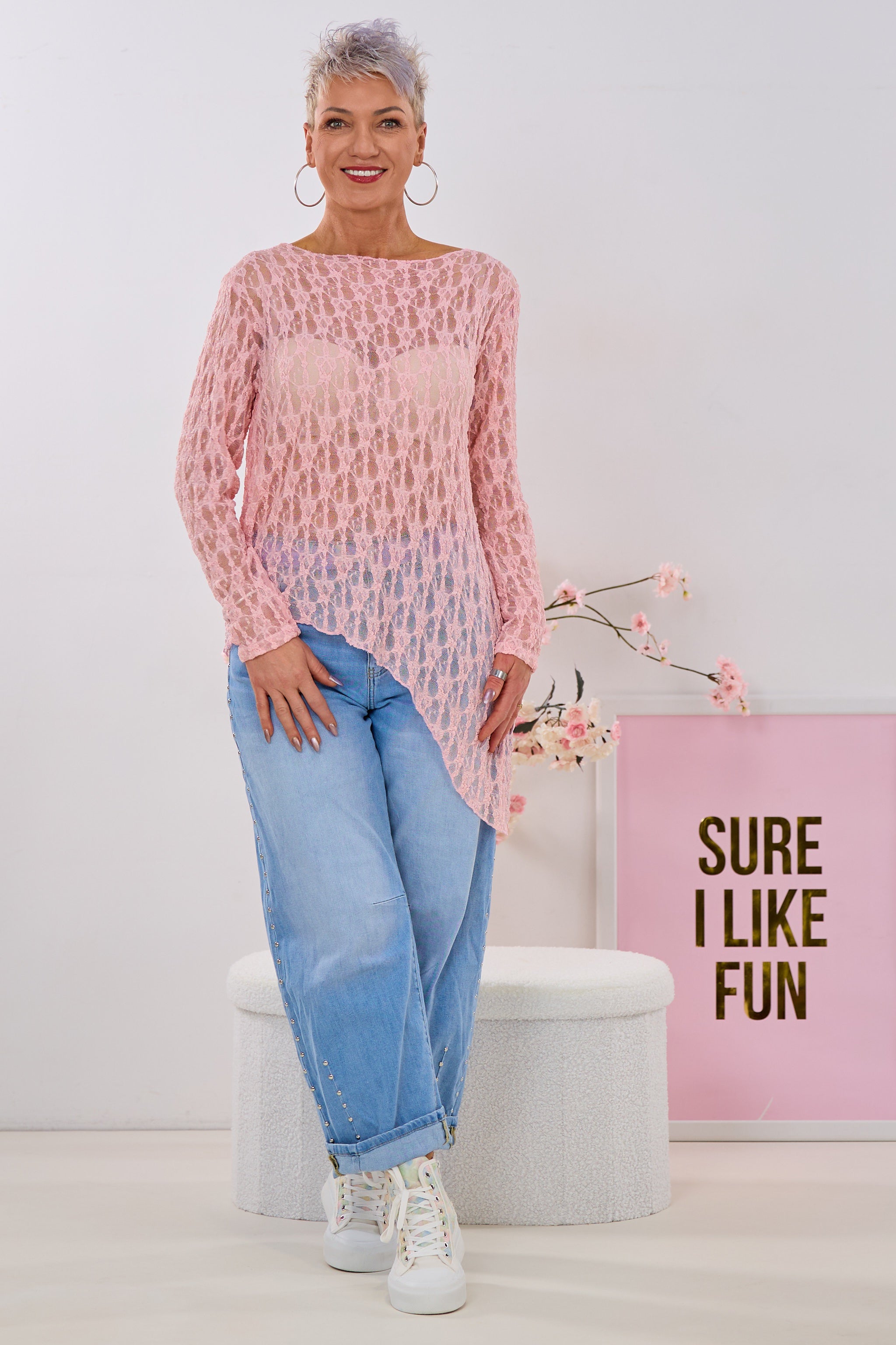 Asymmetrisches Spitzen-Langarmshirt, groß, rosa