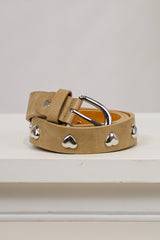 Leather belt with decorative rivets, beige-silver