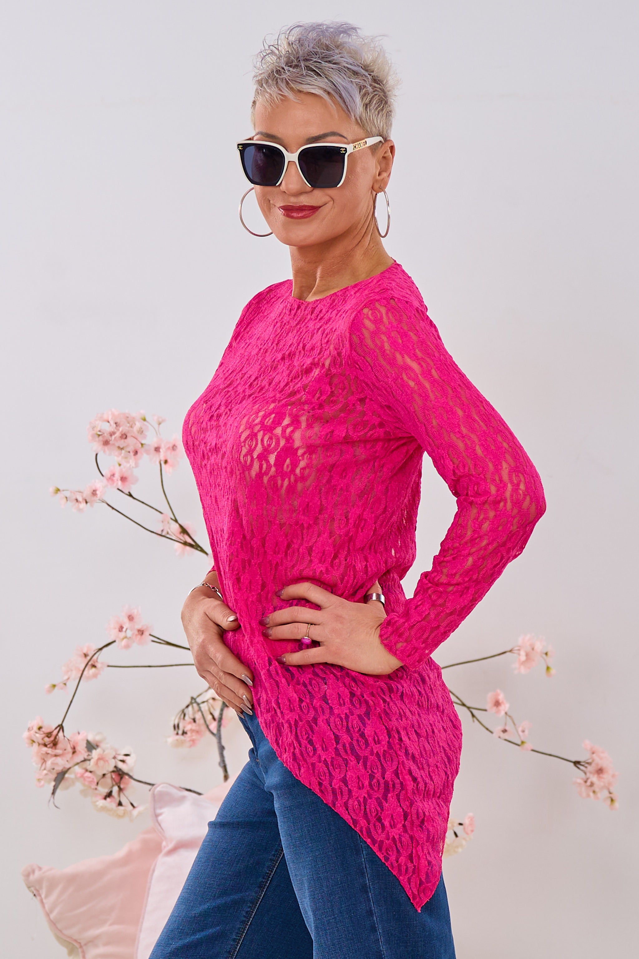 Asymmetrisches Spitzen-Langarmshirt, fuchsia/pink