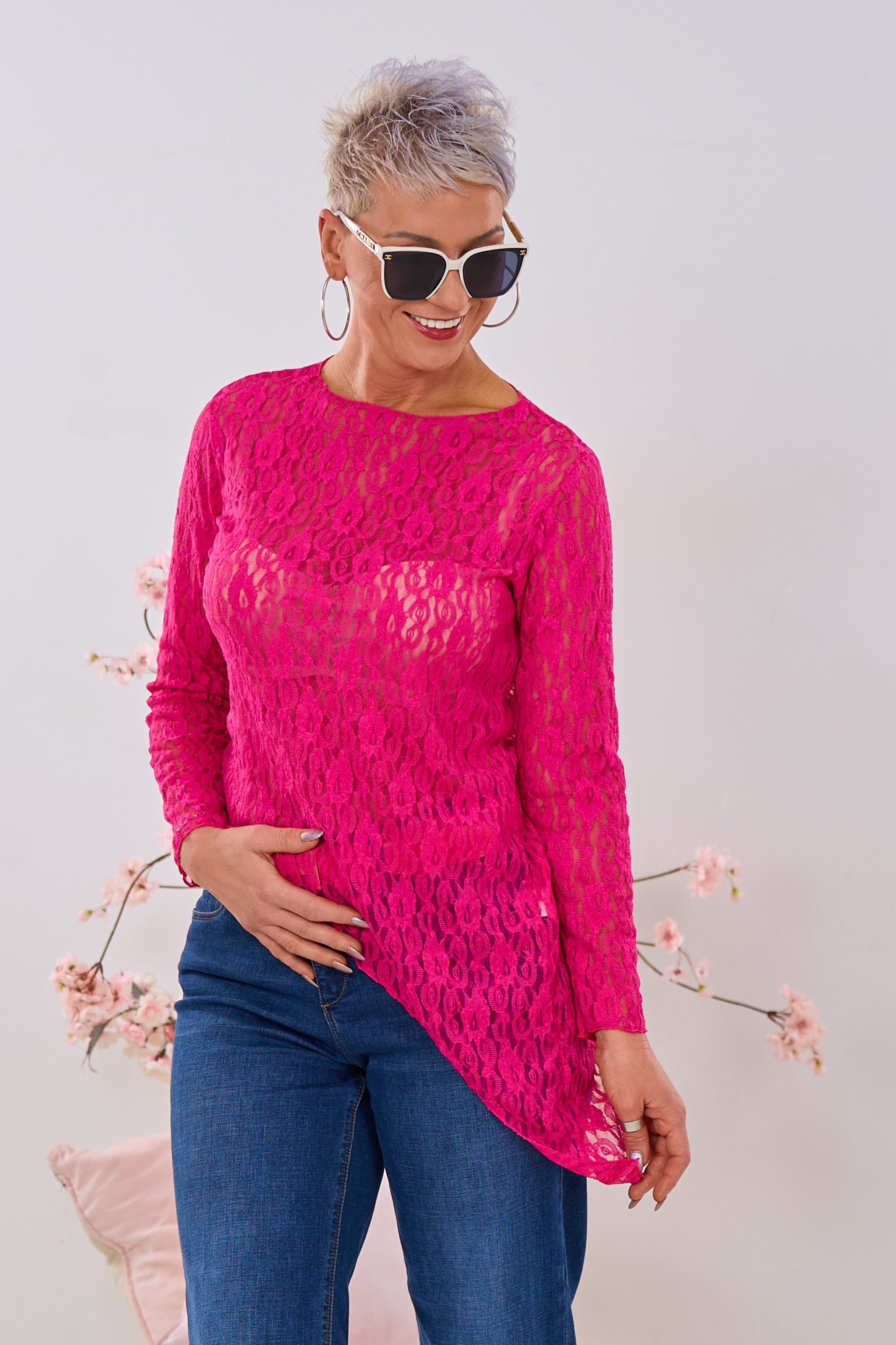 Asymmetrisches Spitzen-Langarmshirt, fuchsia/pink