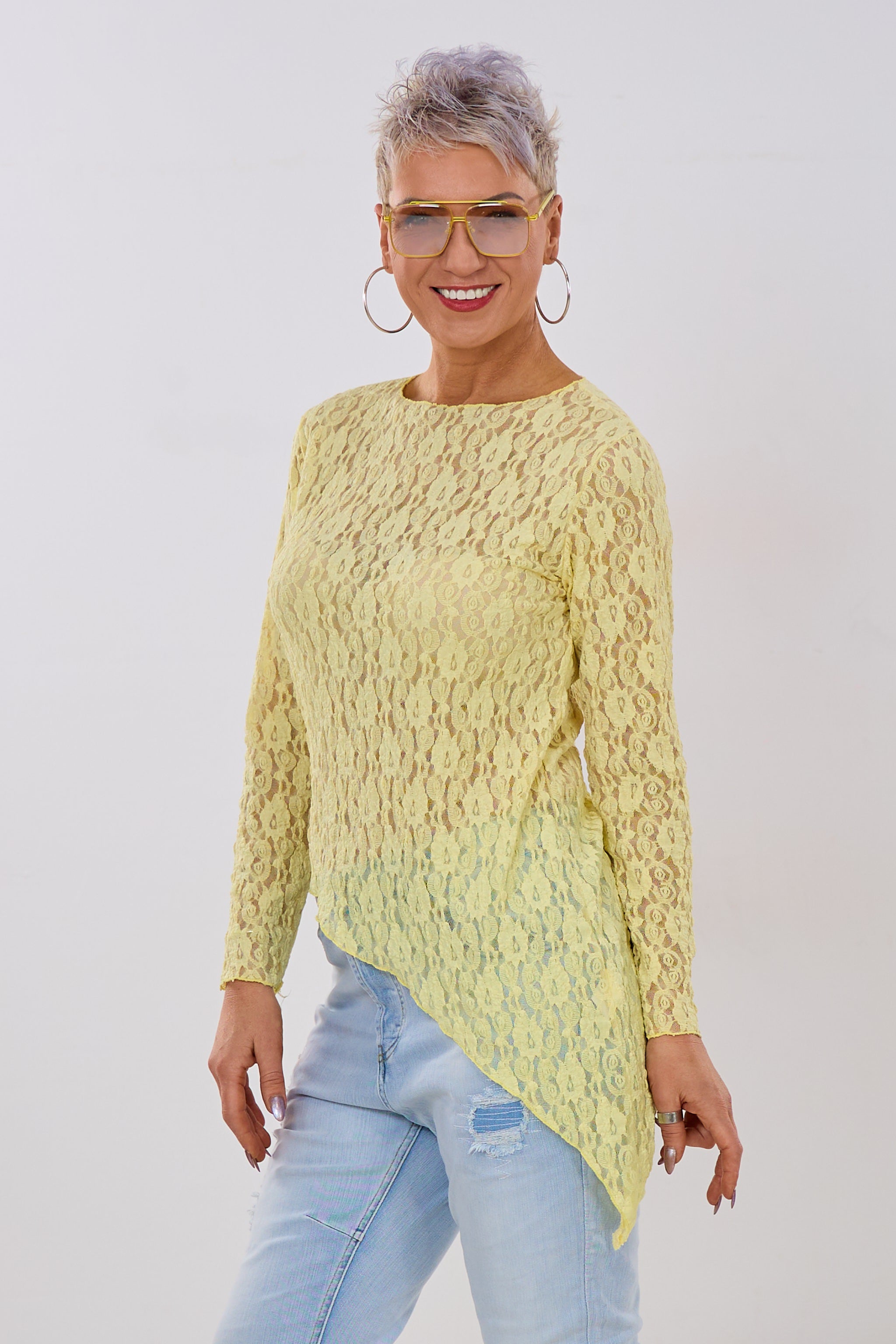 Asymmetrisches Spitzen-Langarmshirt, gelb