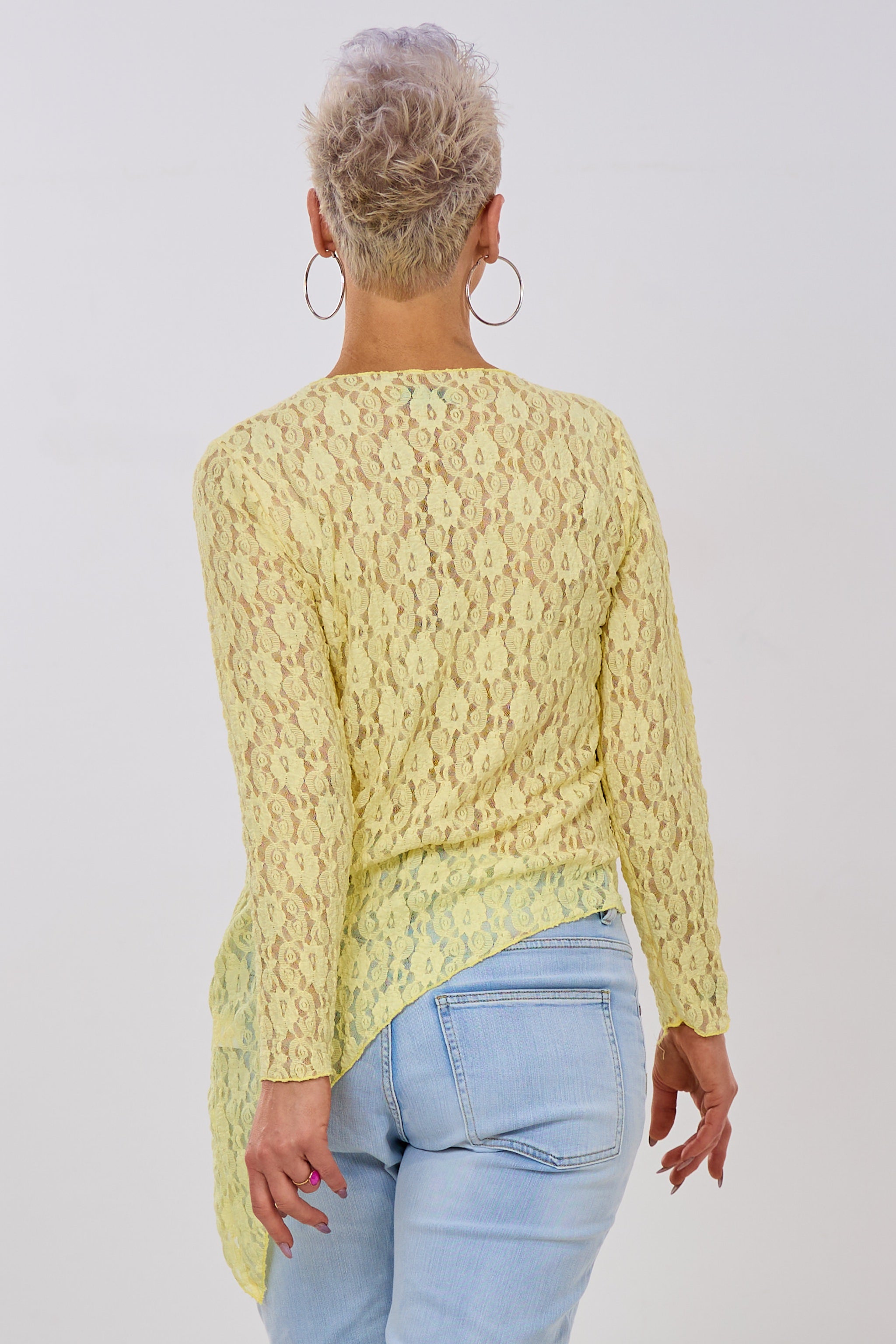 Asymmetrisches Spitzen-Langarmshirt, gelb