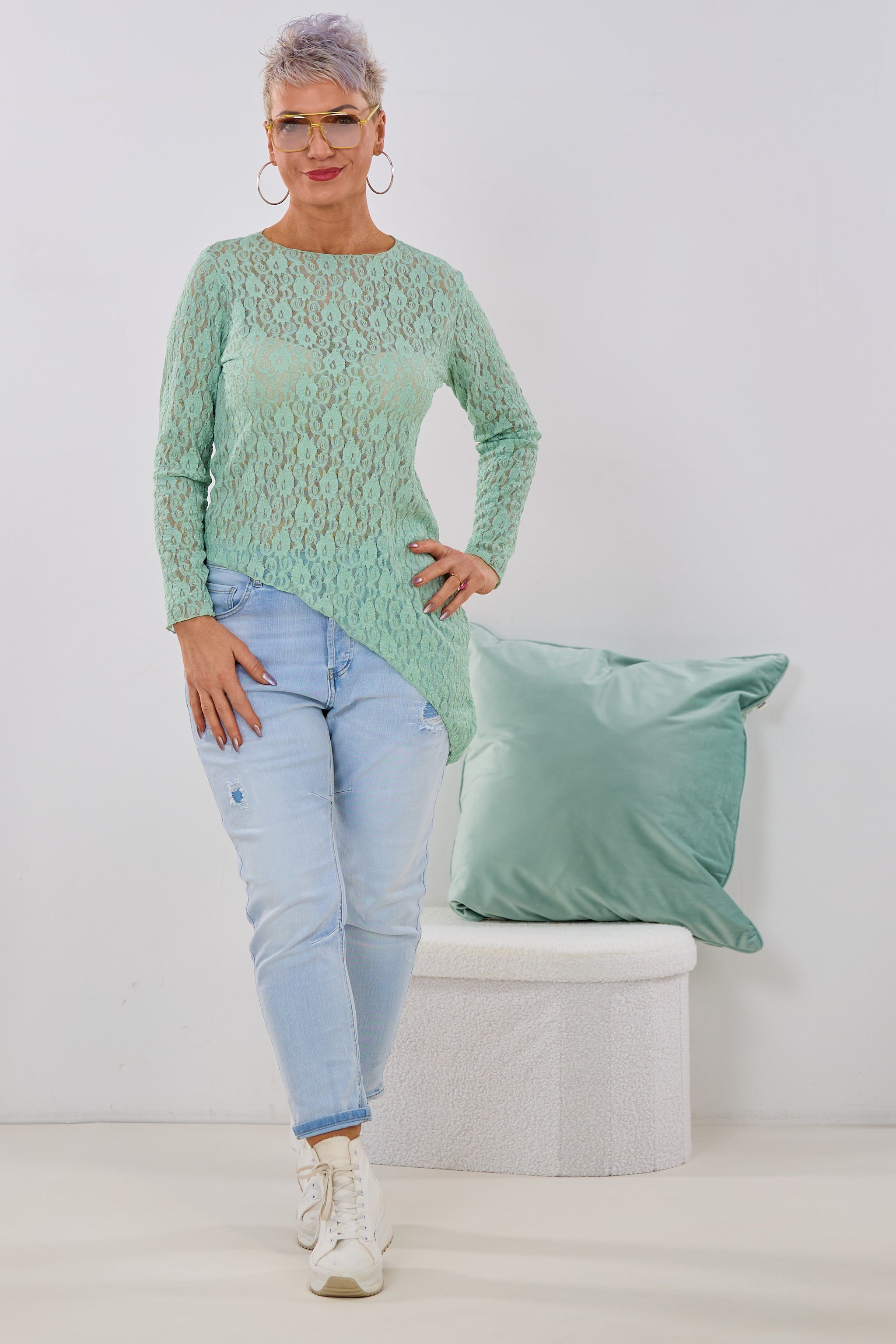Asymmetrisches Spitzen-Langarmshirt, lindgrün