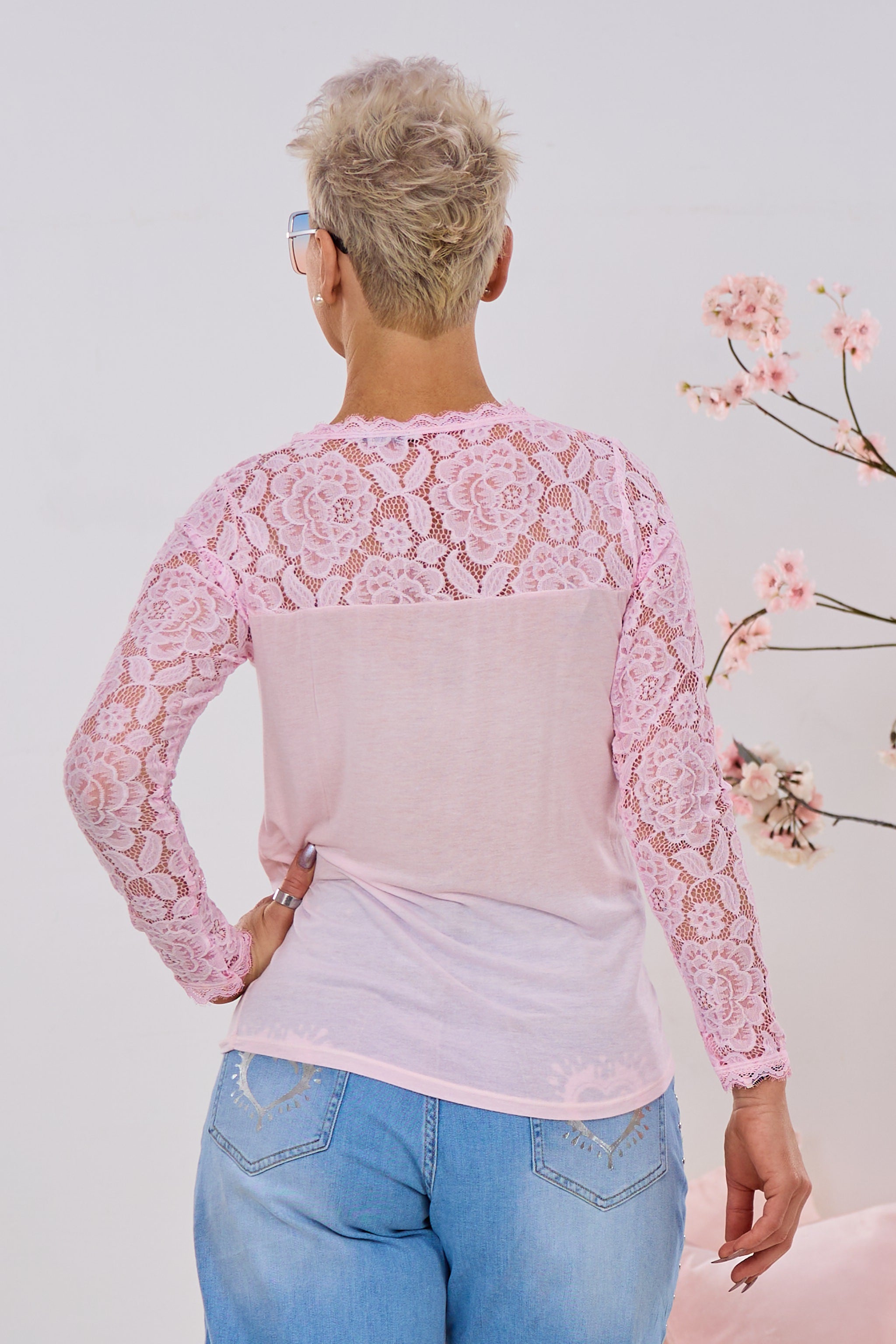 Longsleeve mit Spitze, candy rosa