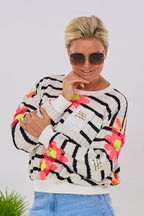 Gestreifter Pulli mit Blüten, creme-schwarz-pink