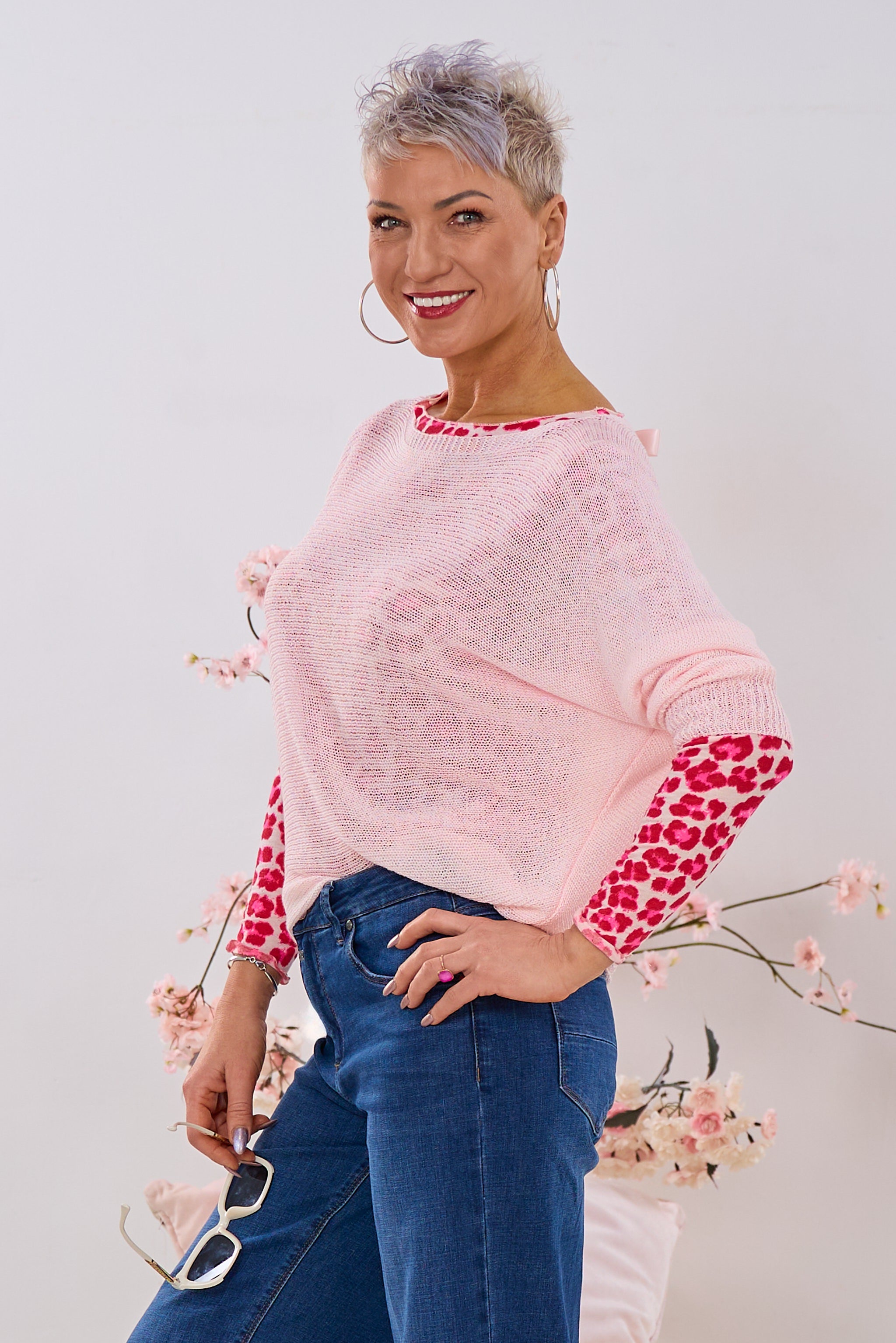 quergestrickter Pulli mit Schleife, hellrosa