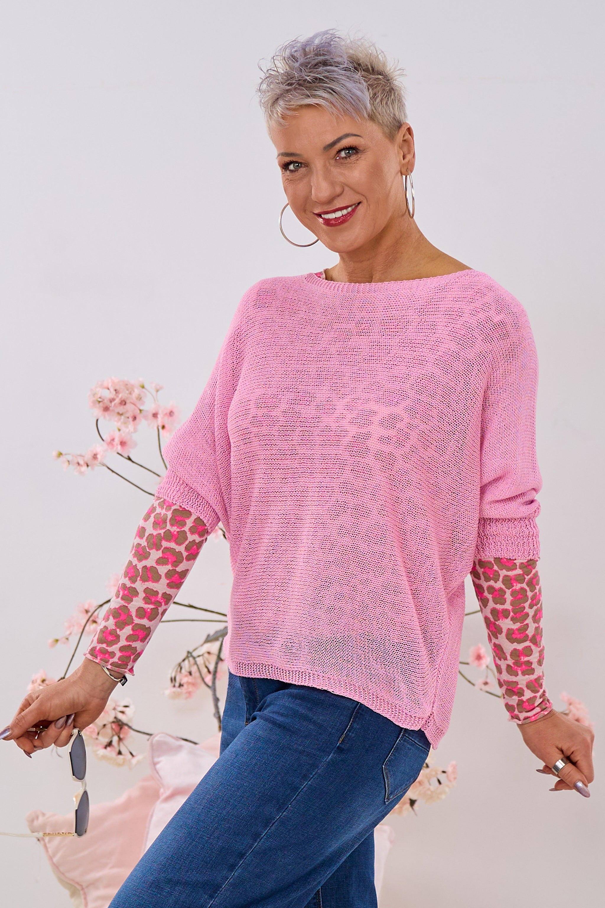 quergestrickter Pulli mit Schleife, rosa