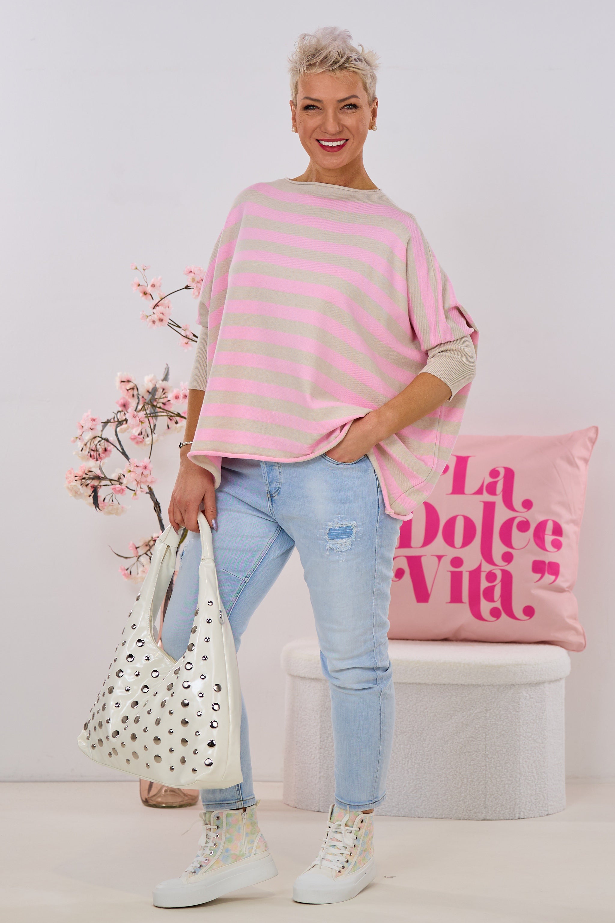 Oversized Strickpulli, beige-rosa gestreift