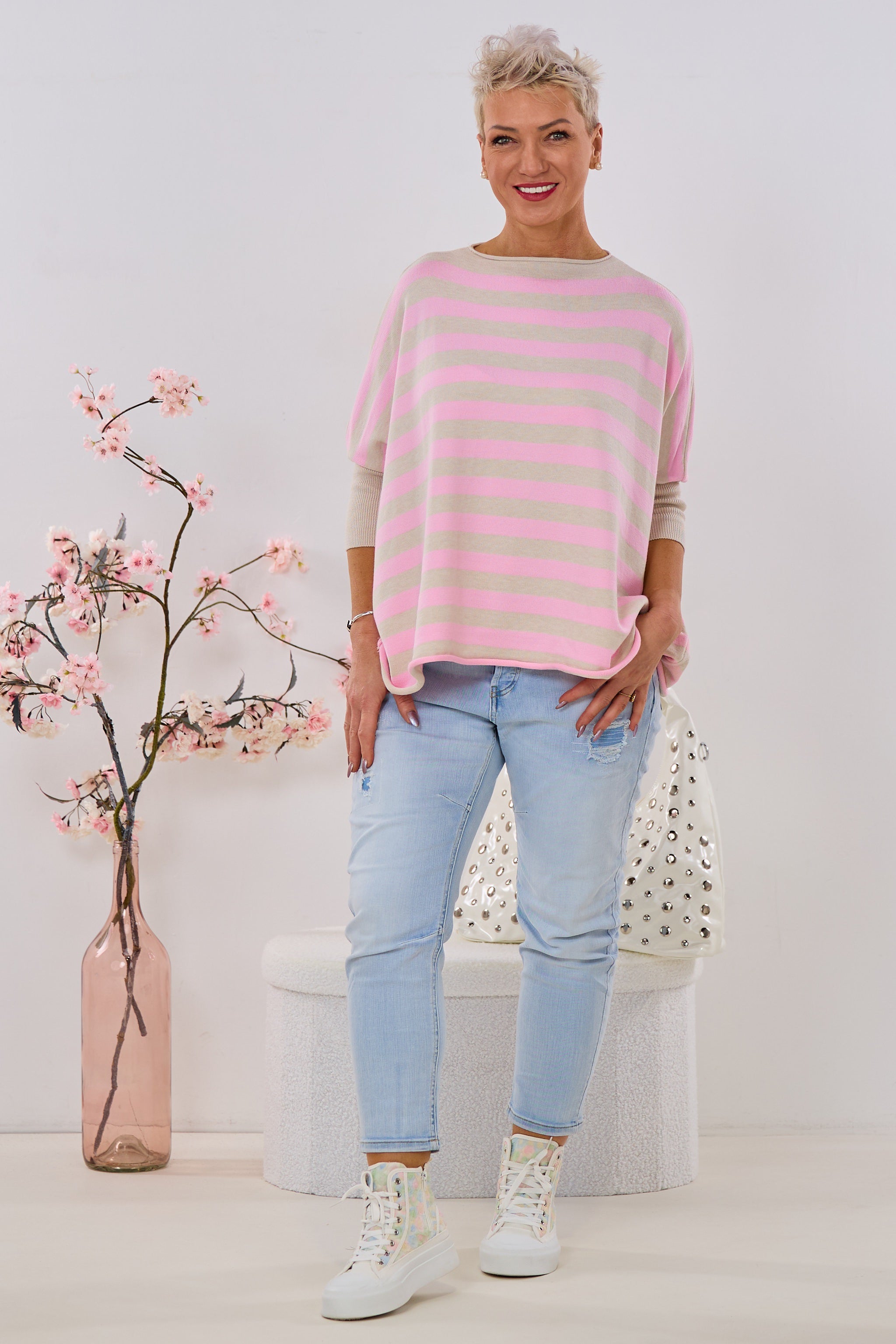 Oversized Strickpulli, beige-rosa gestreift