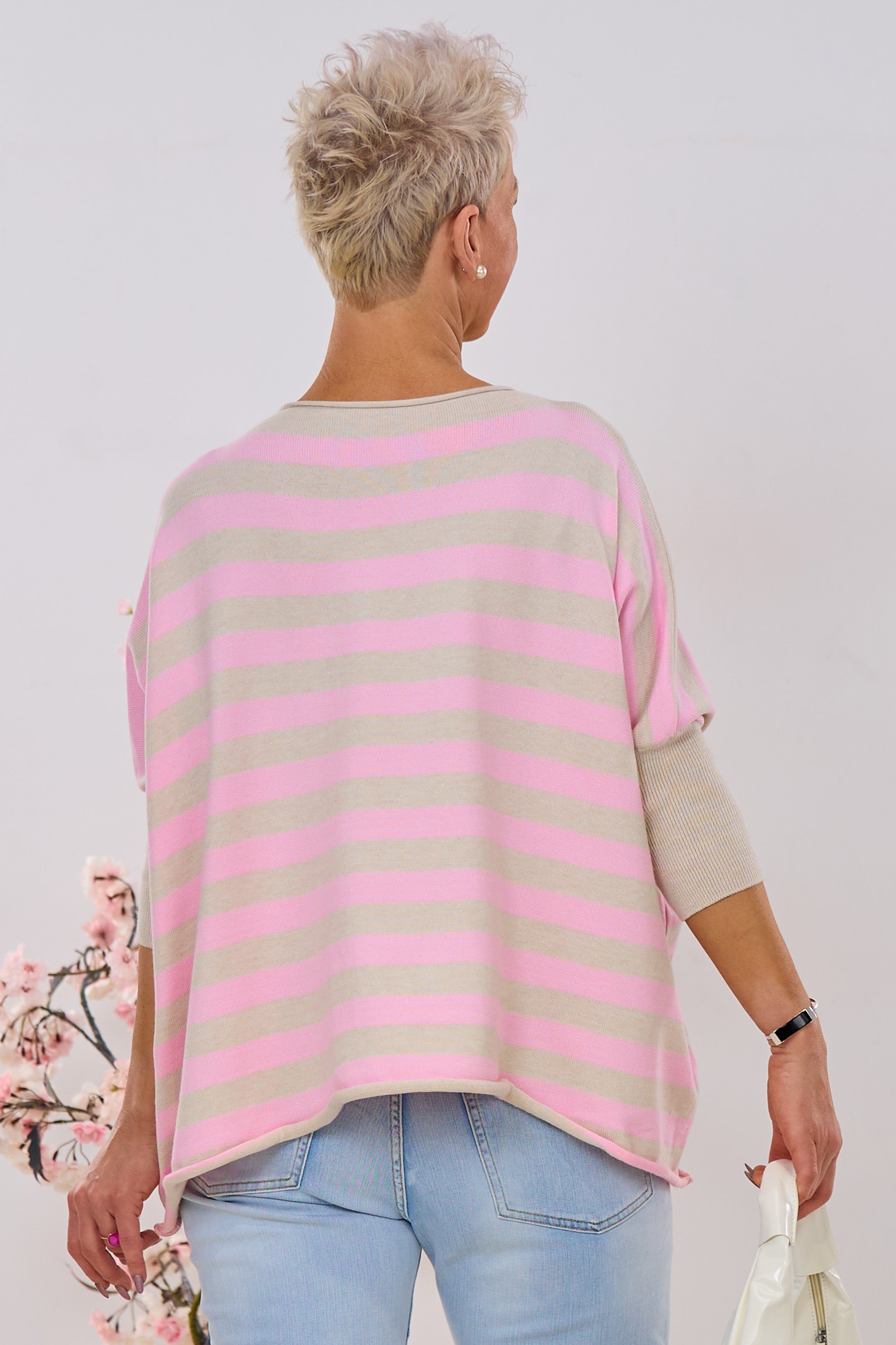 Oversized Strickpulli, beige-rosa gestreift