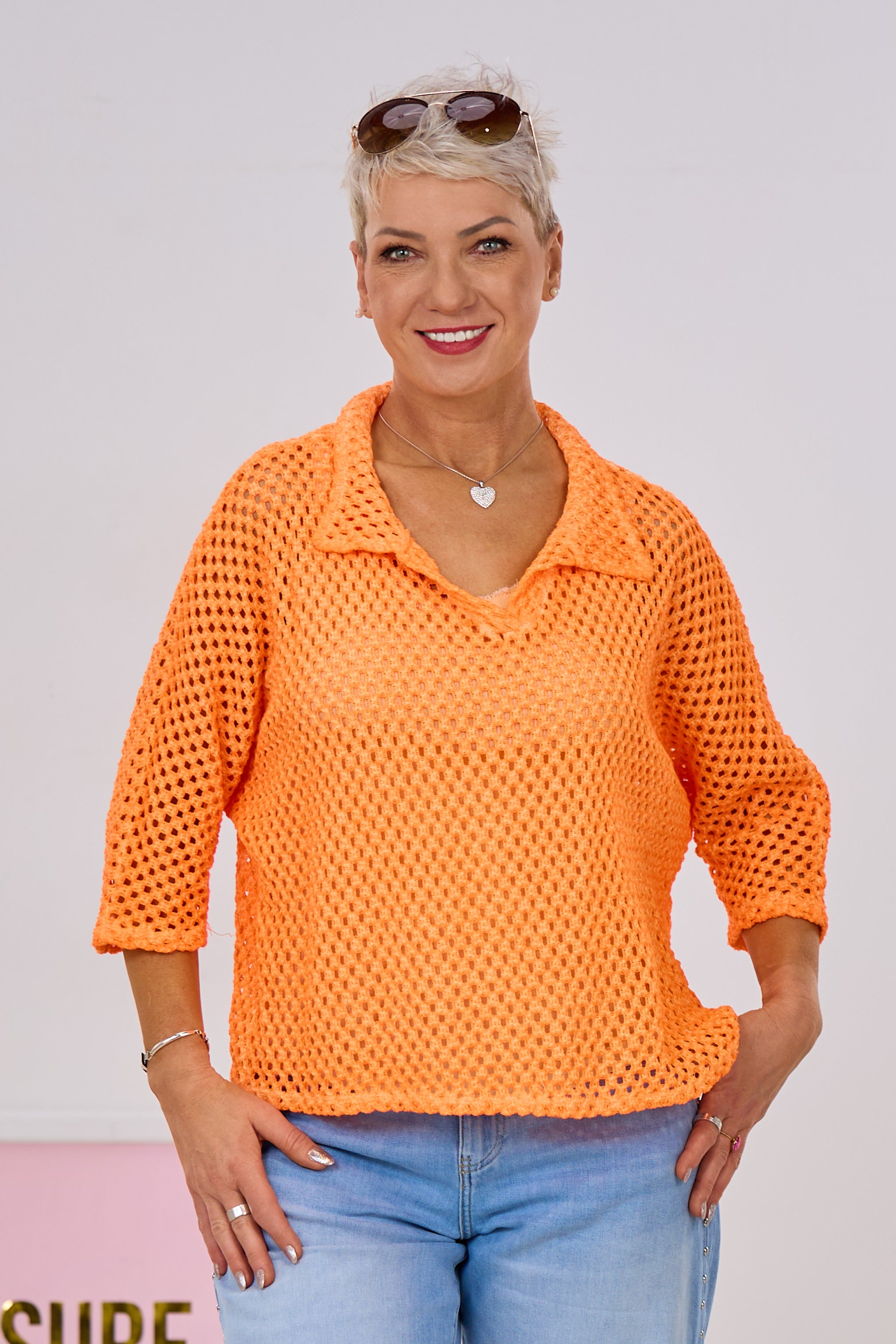 Lochstrick Blusenshirt, neon orange