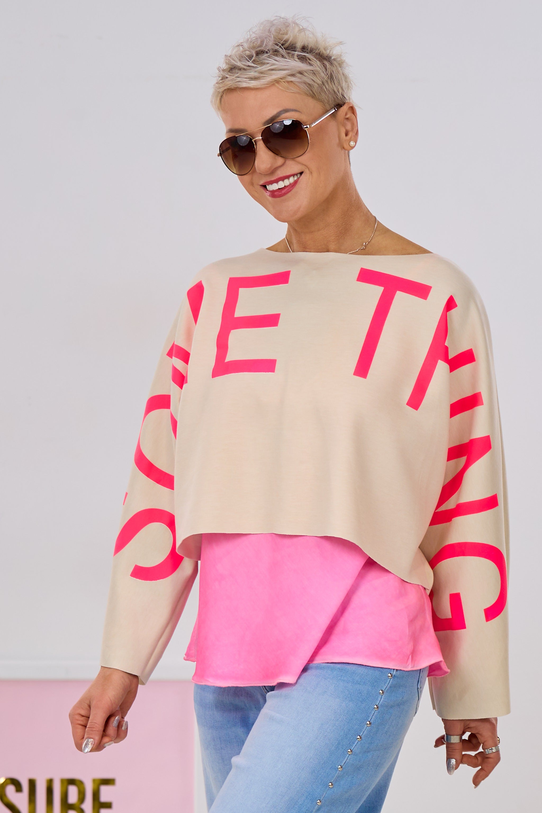 Weites cropped Shirt SOMETHING, beige-pink