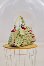 Henkeltasche mit Stoffbeutel, lindgrün-rot