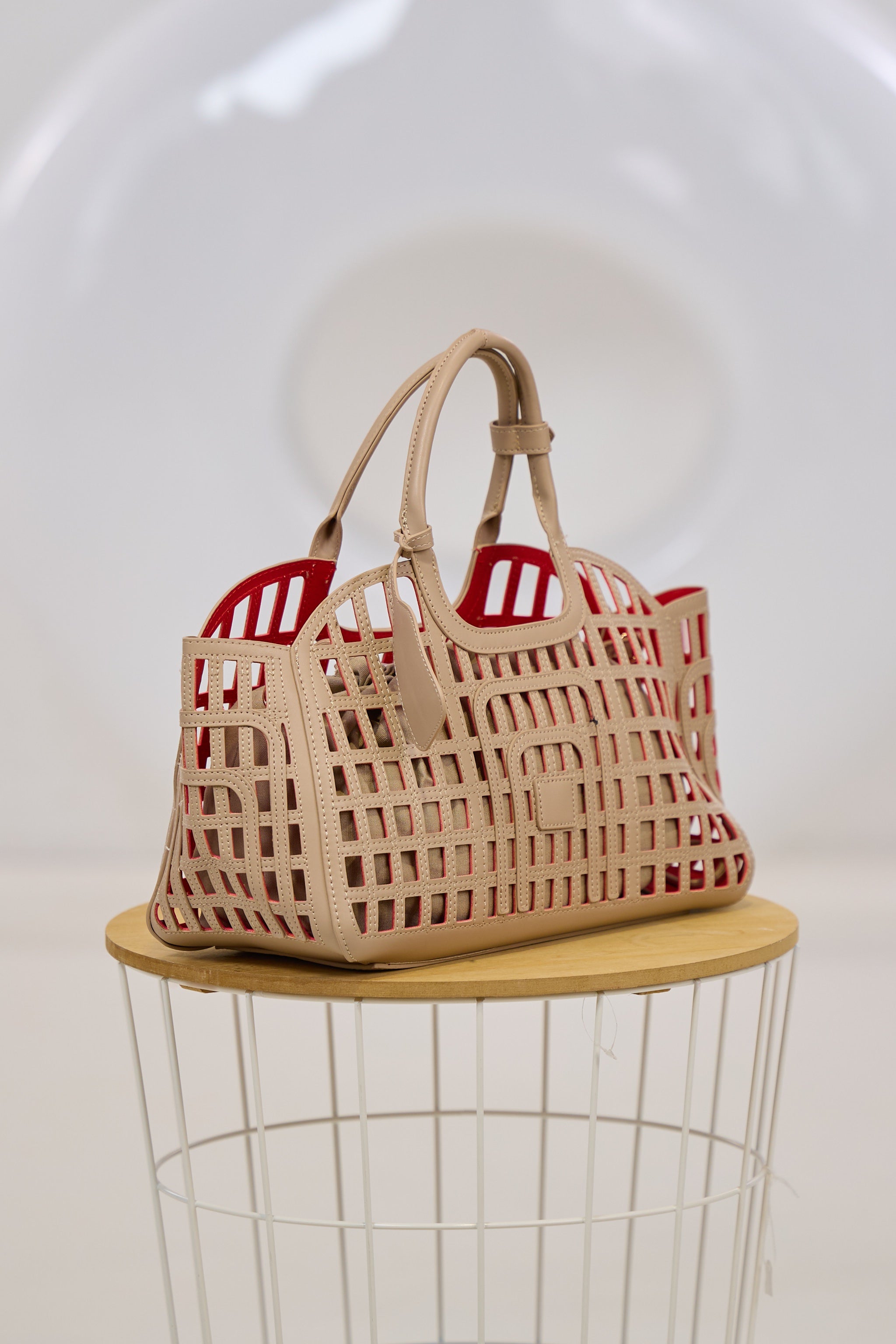 Henkeltasche mit Stoffbeutel, taupe-rot