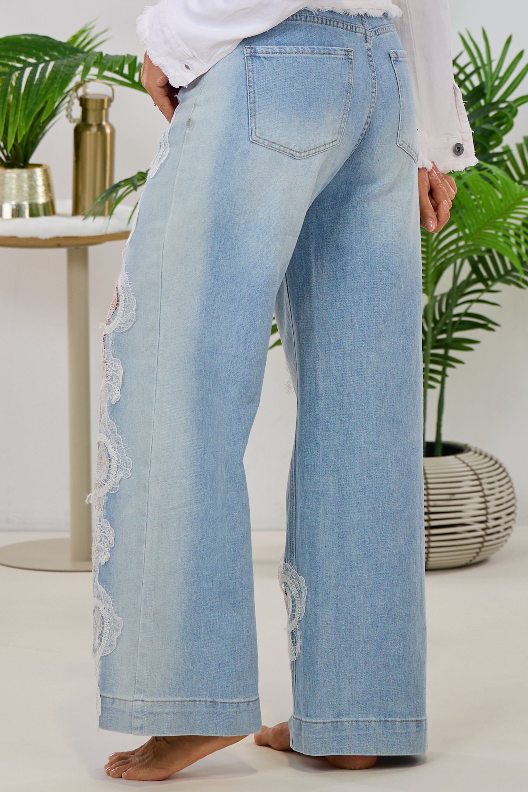 Mid Waist Jeans mit Spitzeneinsatz, denim blue