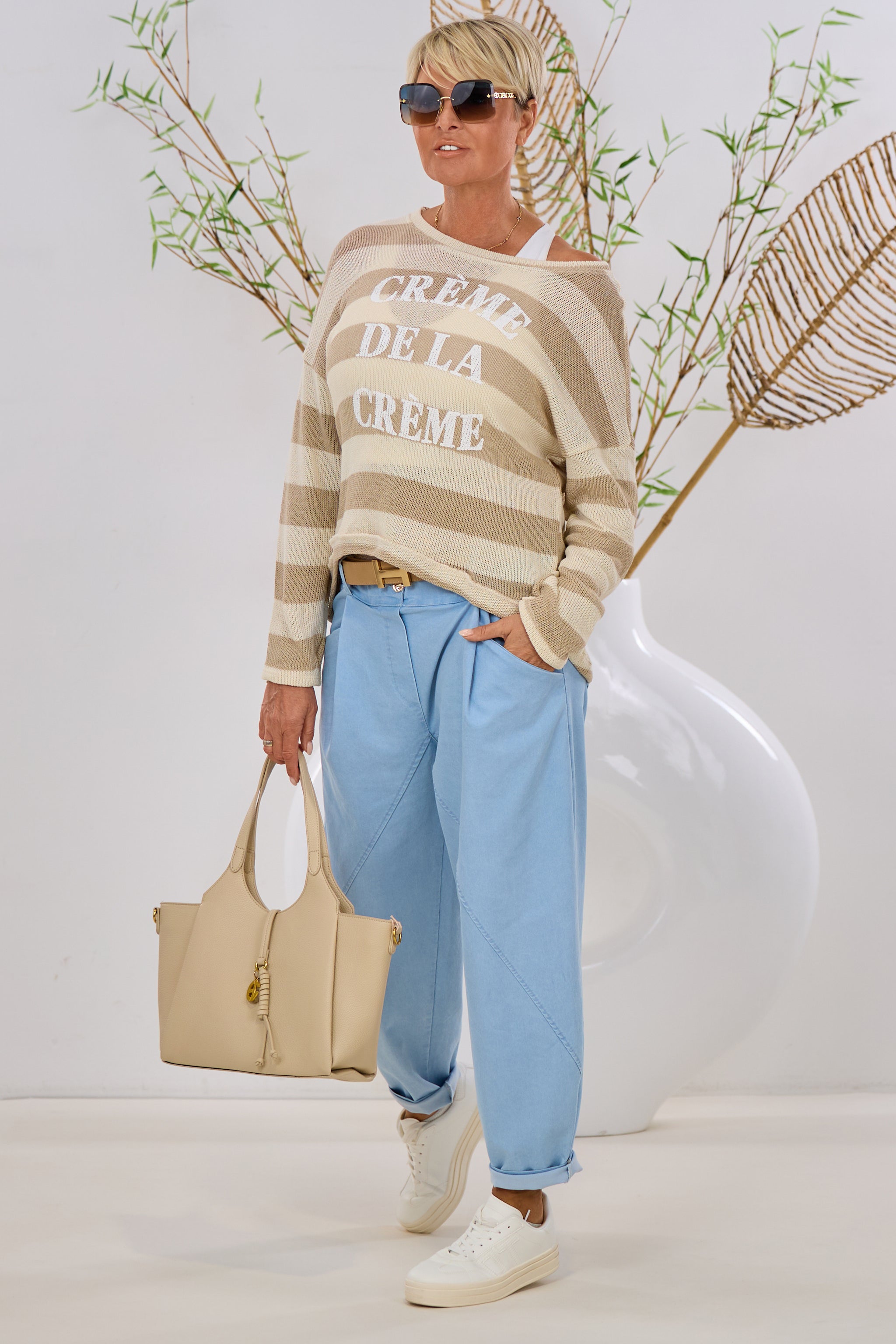 Strickpulli mit breiten Streifen, taupe-beige