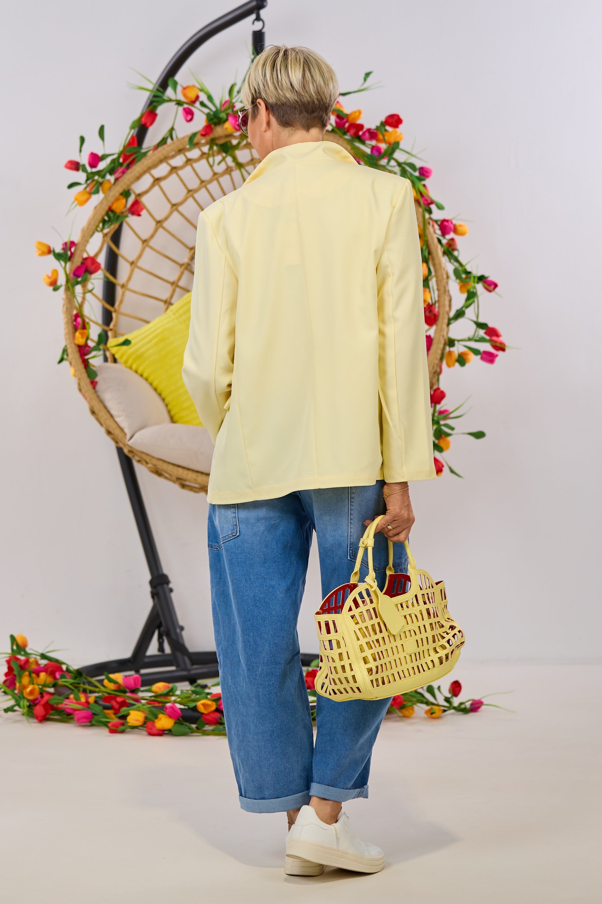 Langer Blazer mit kleinem Knopf, hellgelb