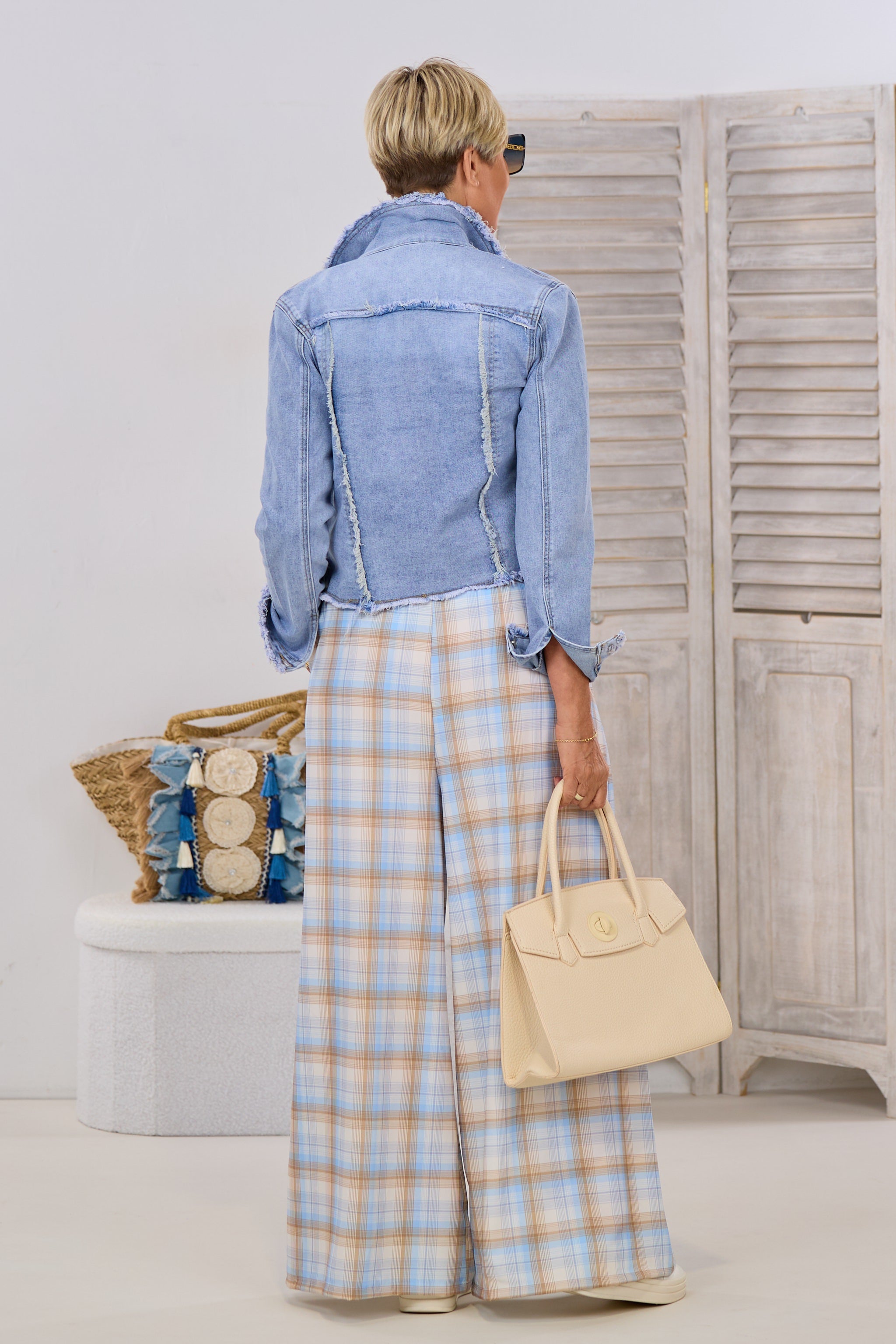 karierter Hosenrock mit gesteppten Falten, ecru-hellblau