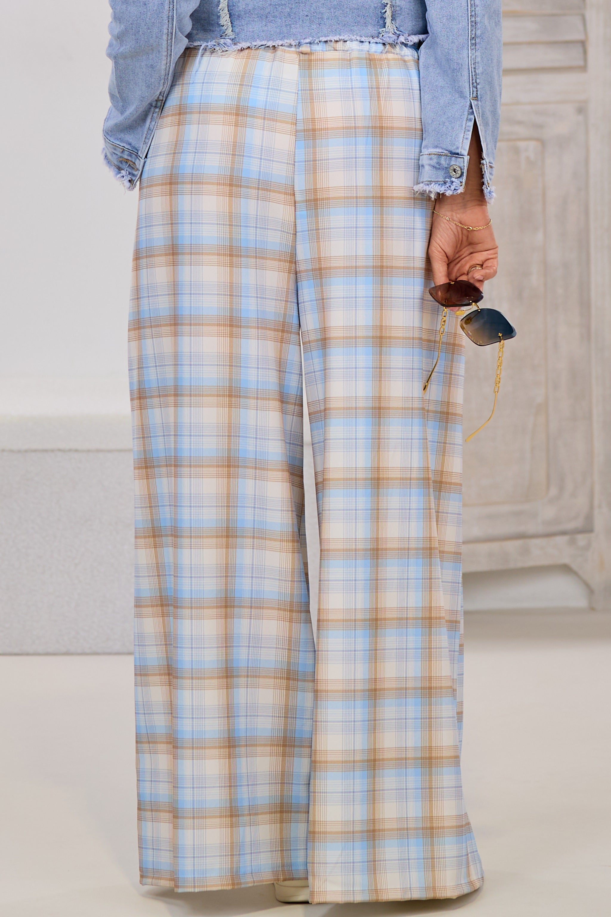 karierter Hosenrock mit gesteppten Falten, ecru-hellblau