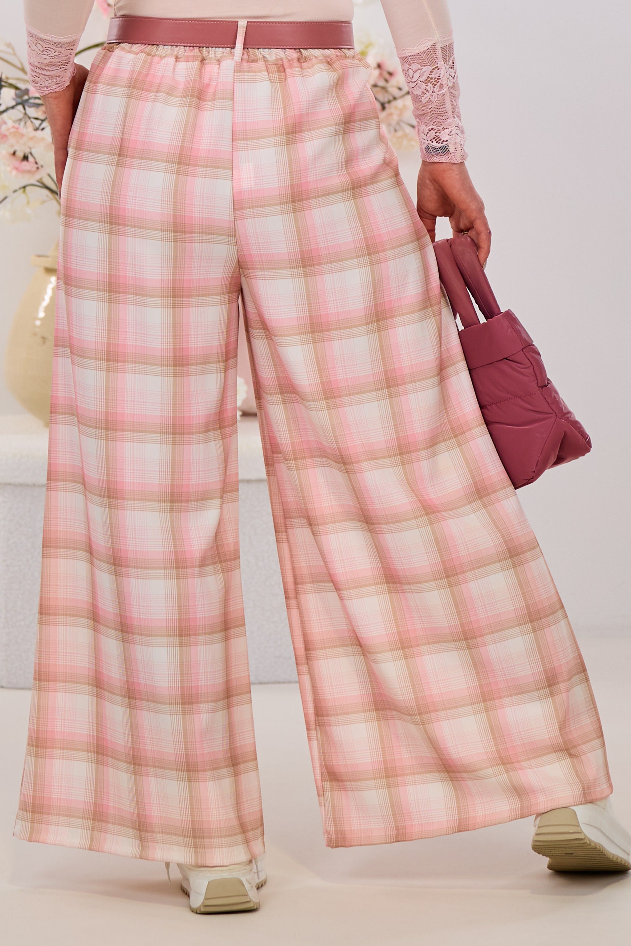 karierter Hosenrock mit gesteppten Falten, ecru-rosa