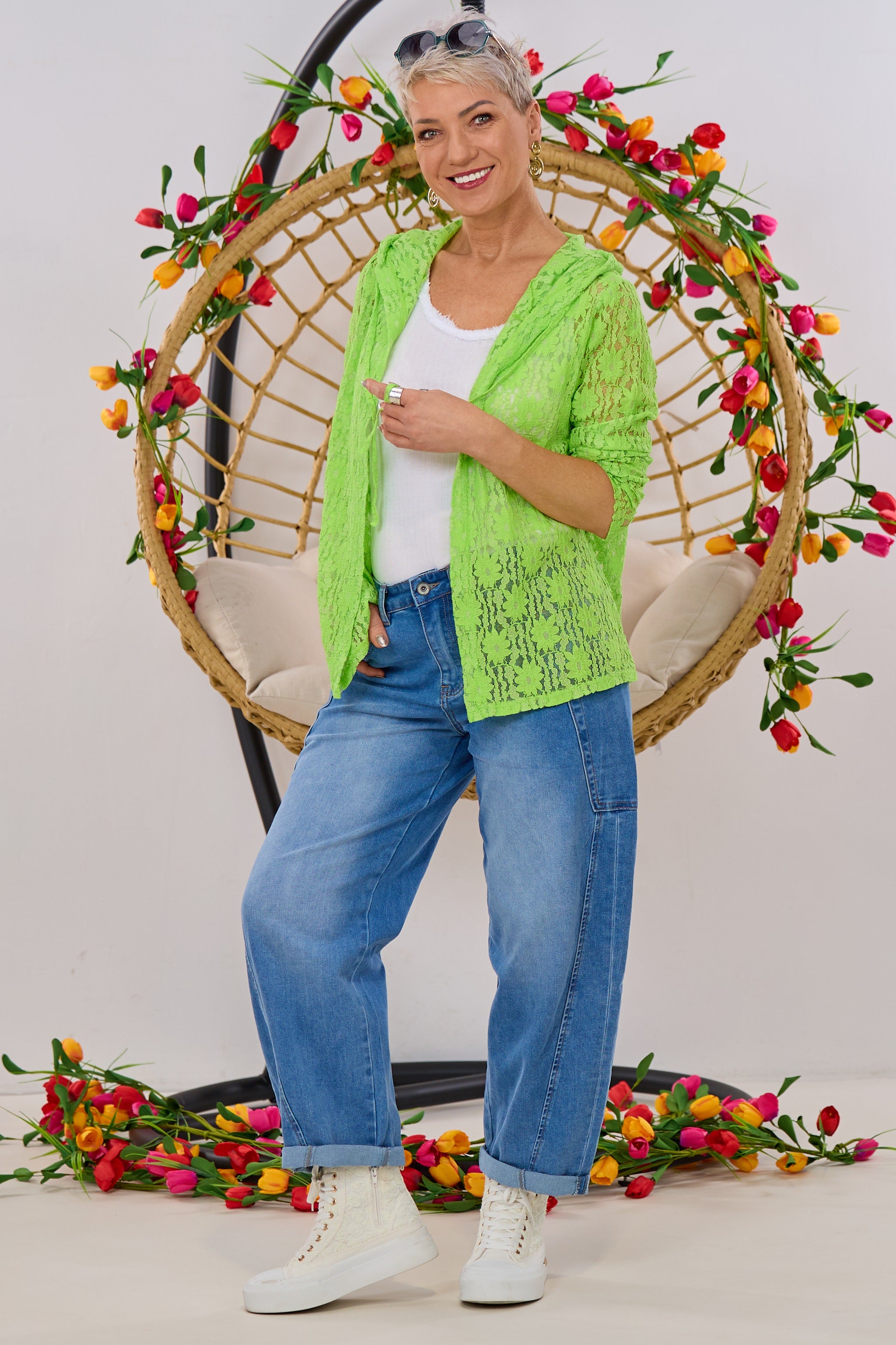 Jacke aus Spitze mit Kapuze, neongrün