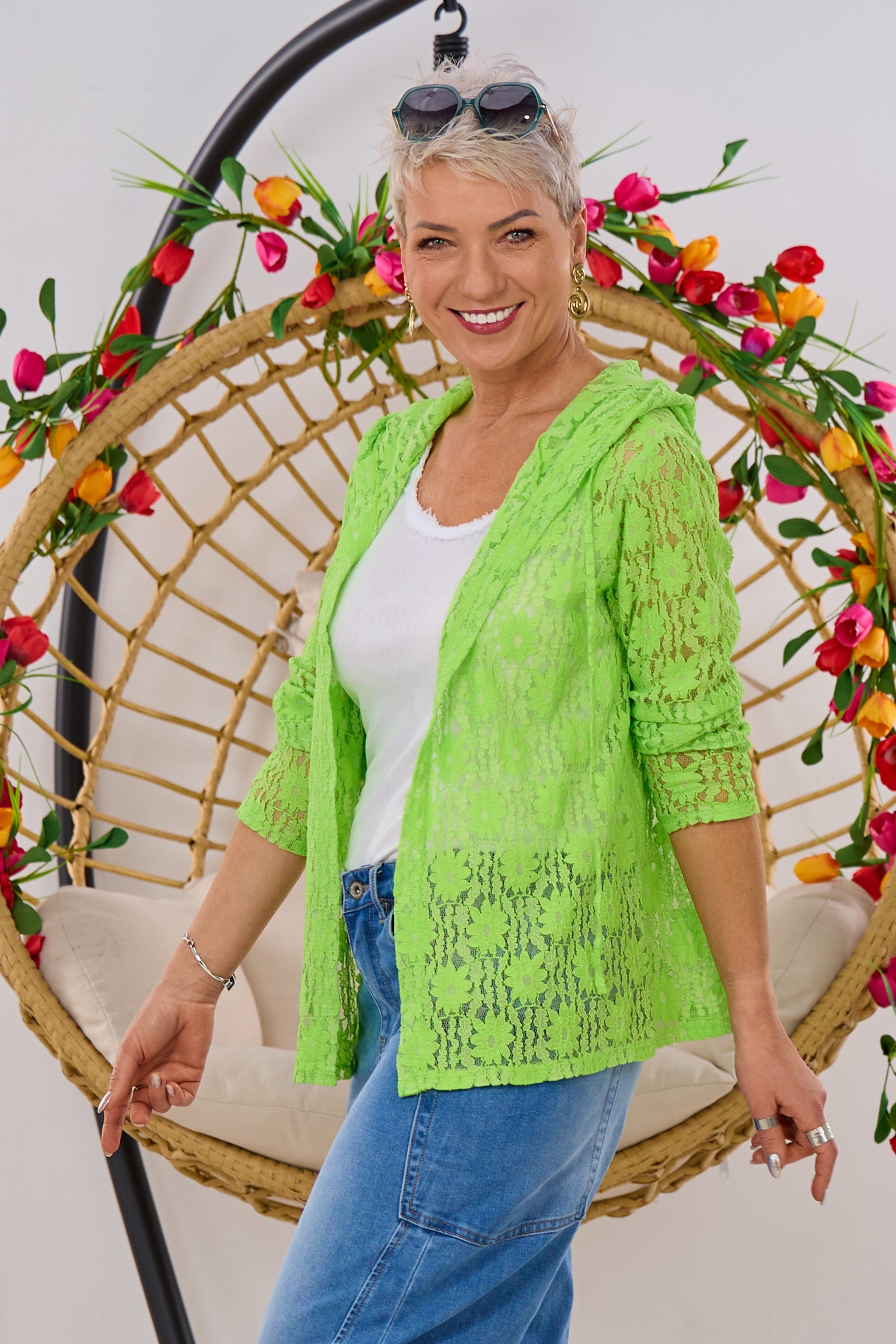 Jacke aus Spitze mit Kapuze, neongrün