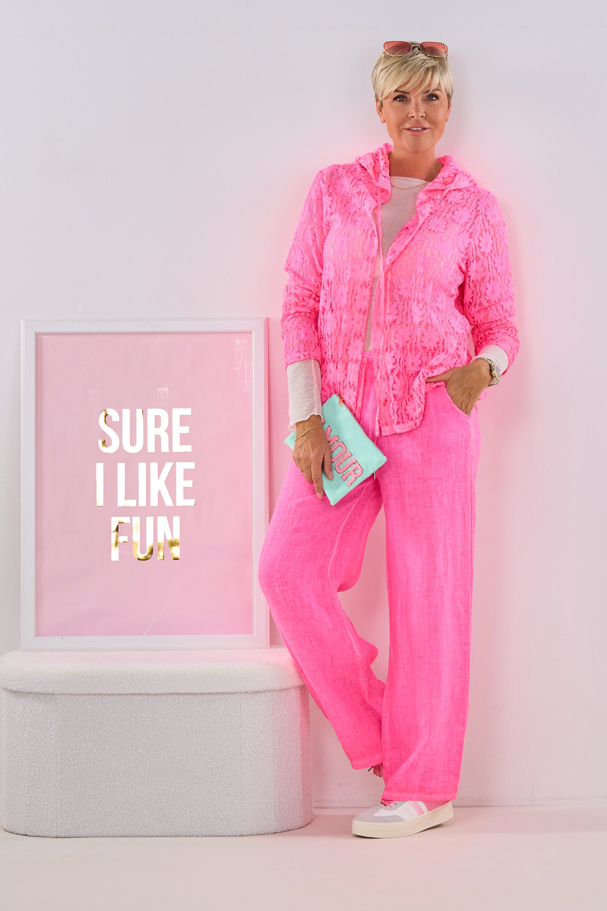 Jacke aus Spitze mit Kapuze, neonpink