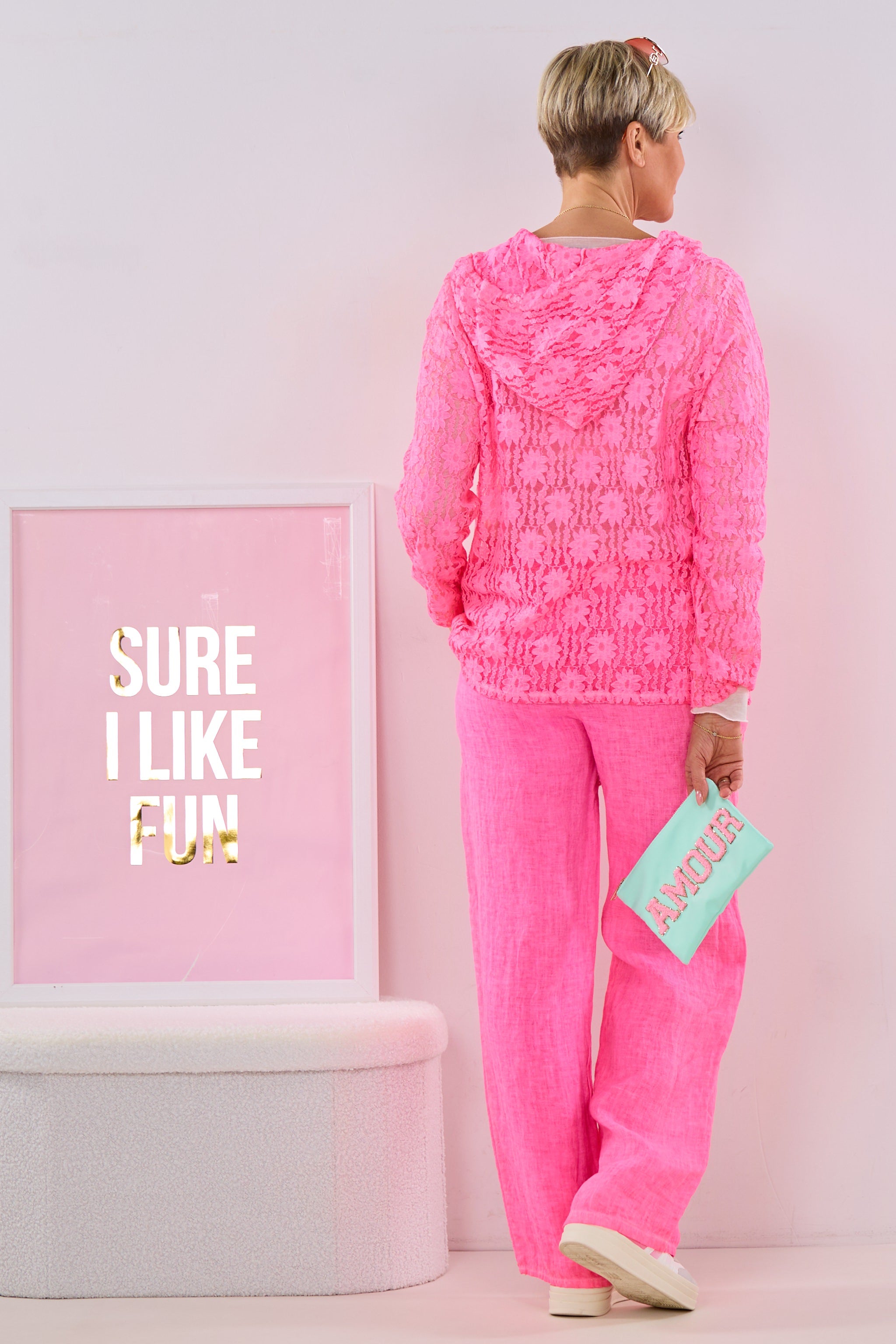 Jacke aus Spitze mit Kapuze, neonpink