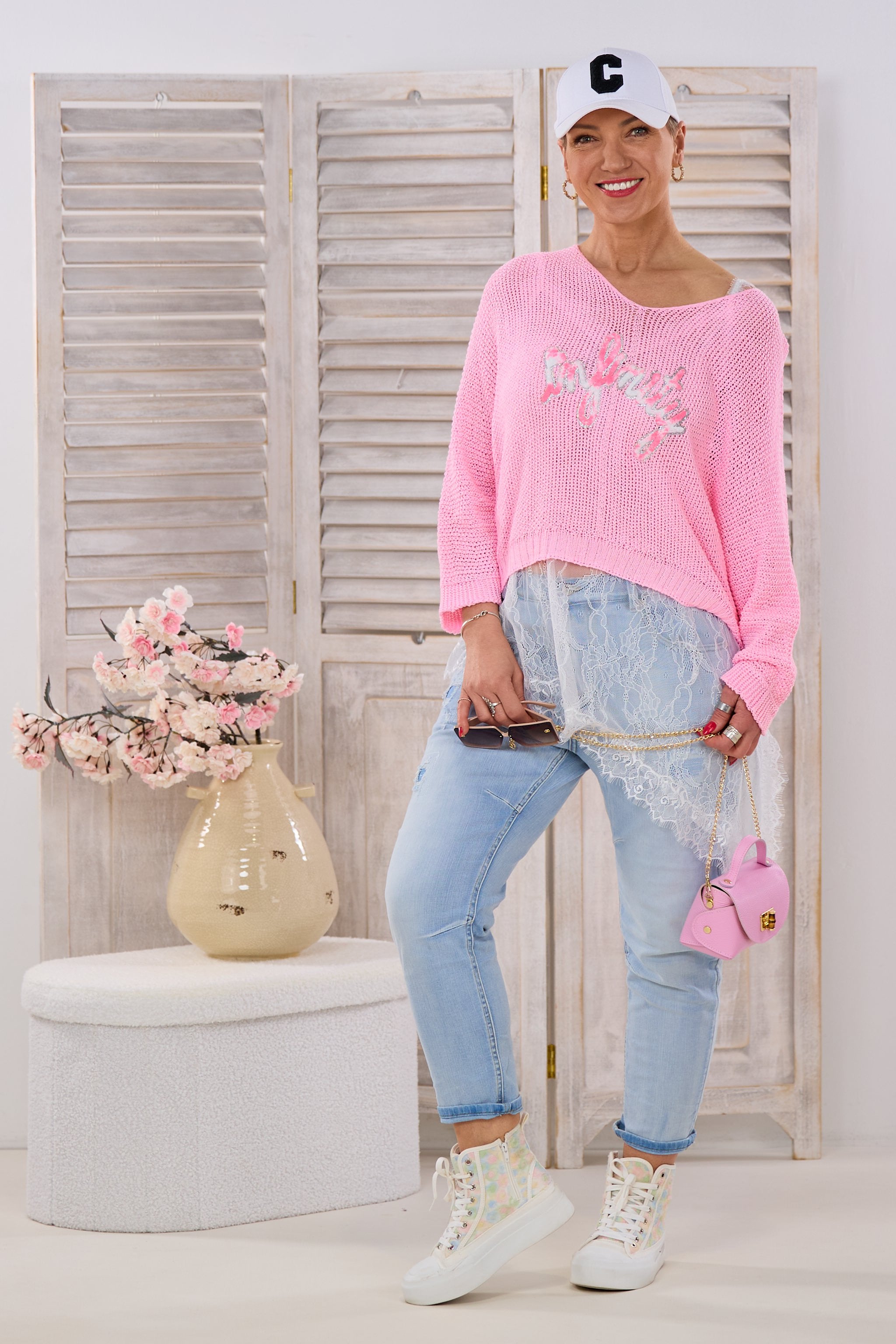 Asymmetrisches Spitzen Longtop, weiß