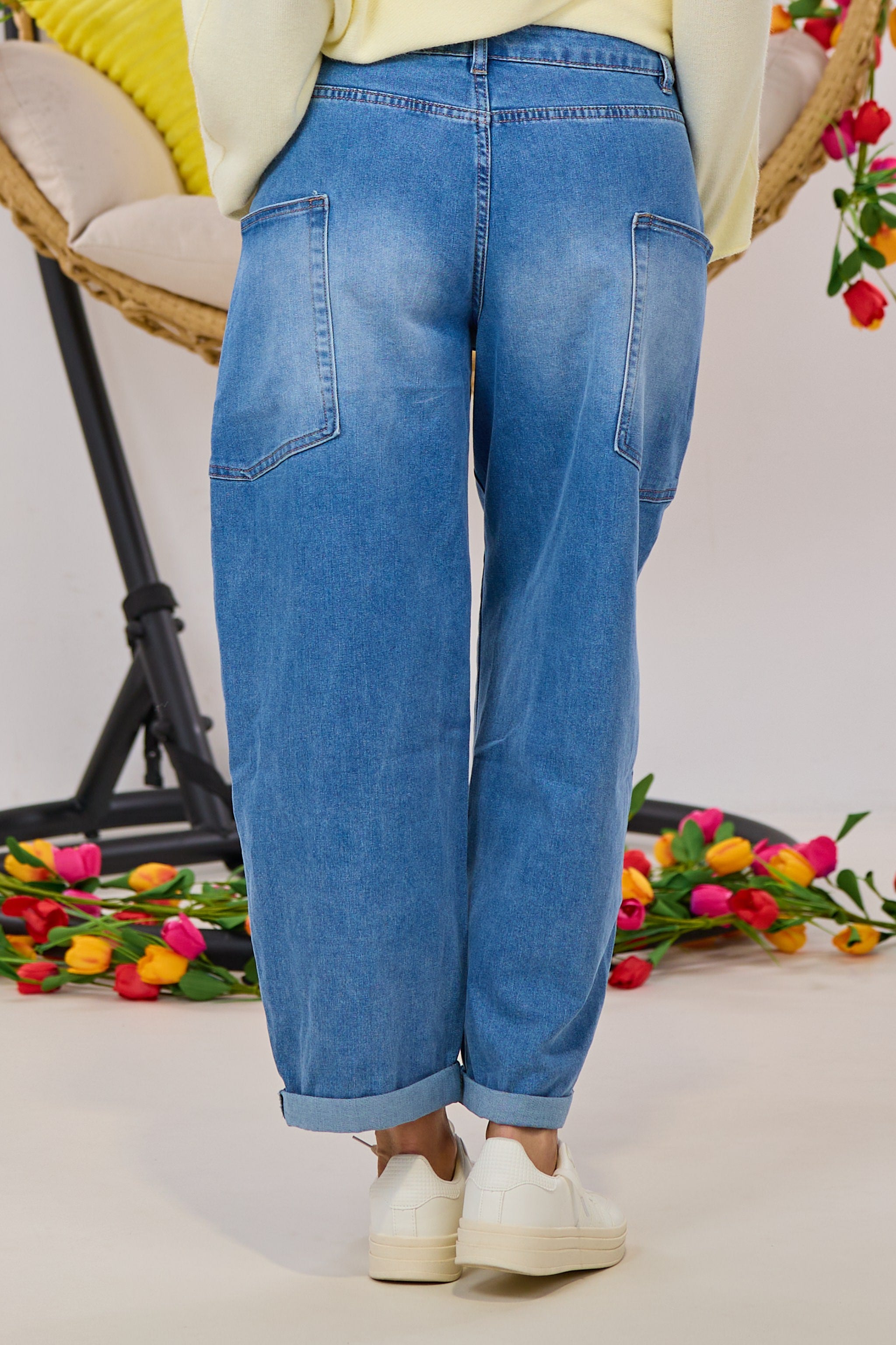 Mid Waist Balloon-Jeans mit Steppnaht, denim blue