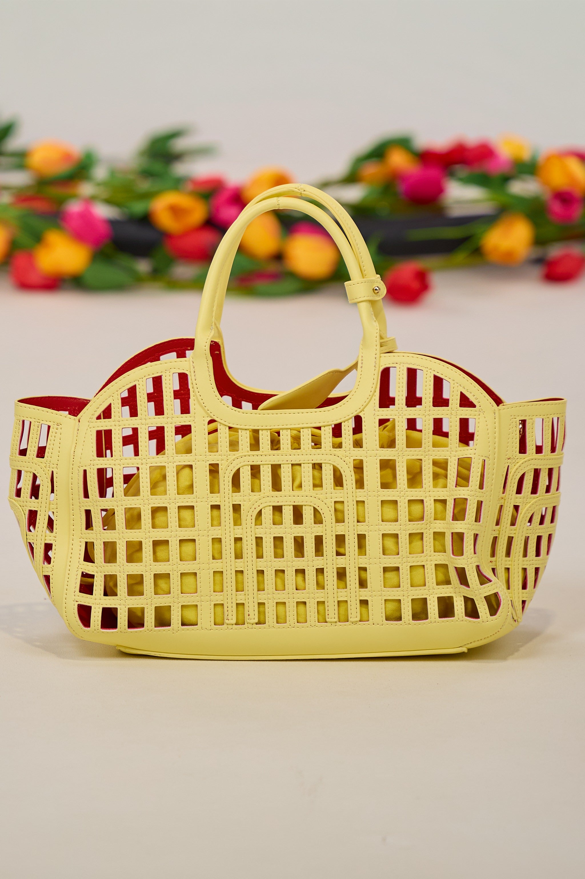 Henkeltasche mit Stoffbeutel, gelb-rot