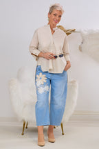 Bluse mit Stehkragen und Manschetten, beige