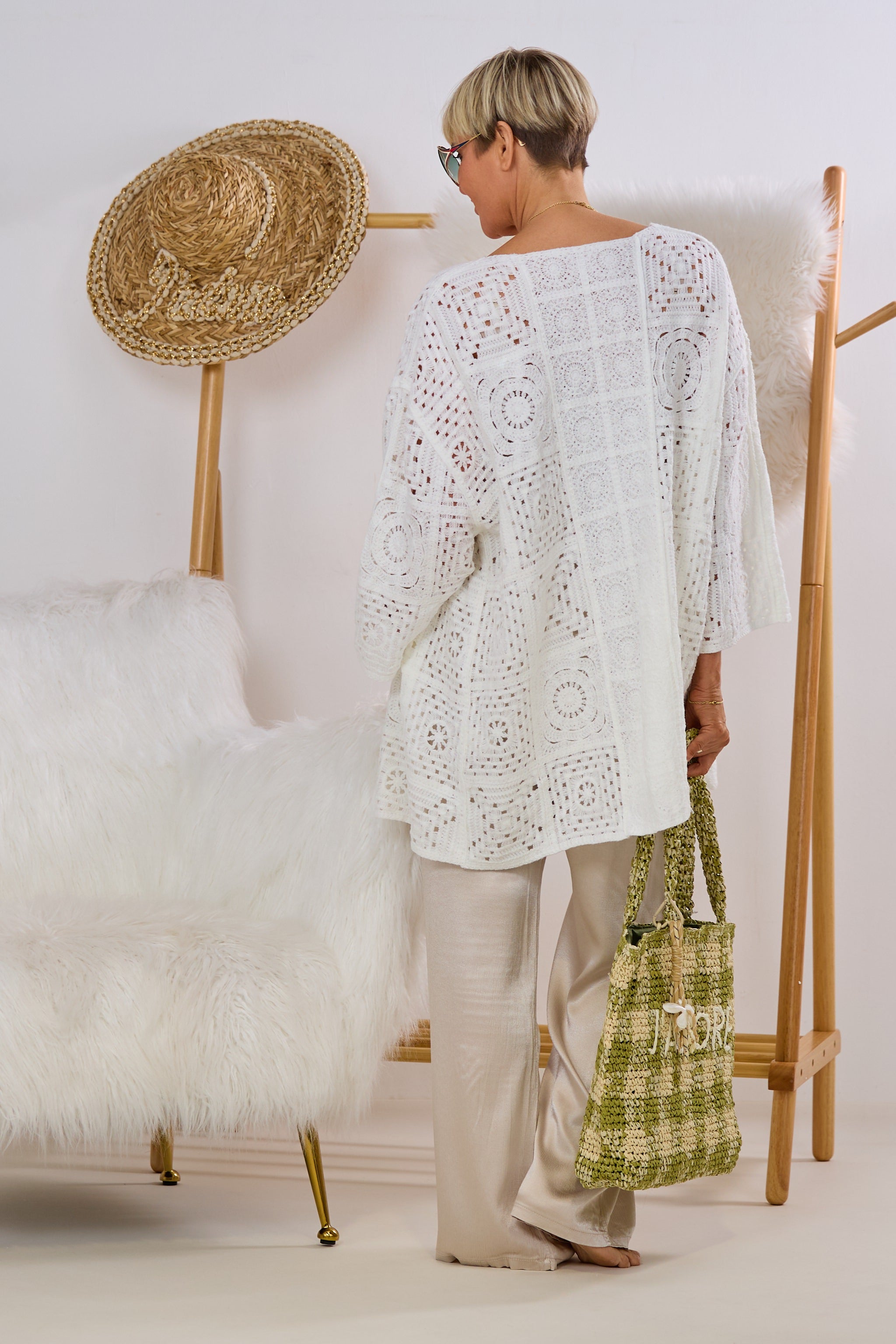 Kimono Jacke im Häkel-Look, weiß