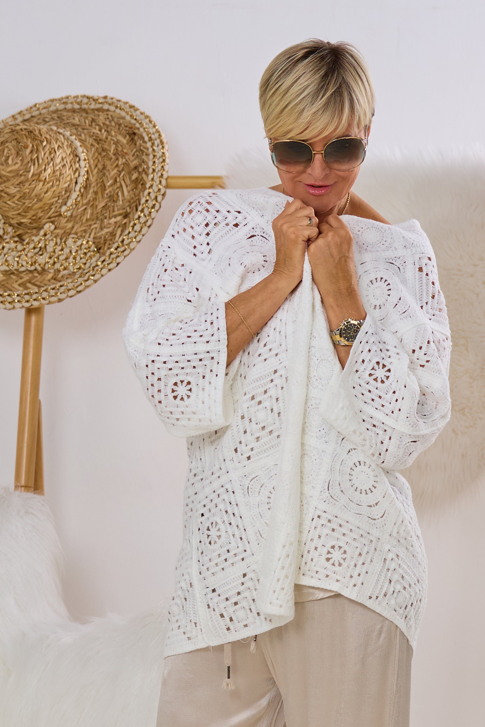 Kimono Jacke im Häkel-Look, weiß