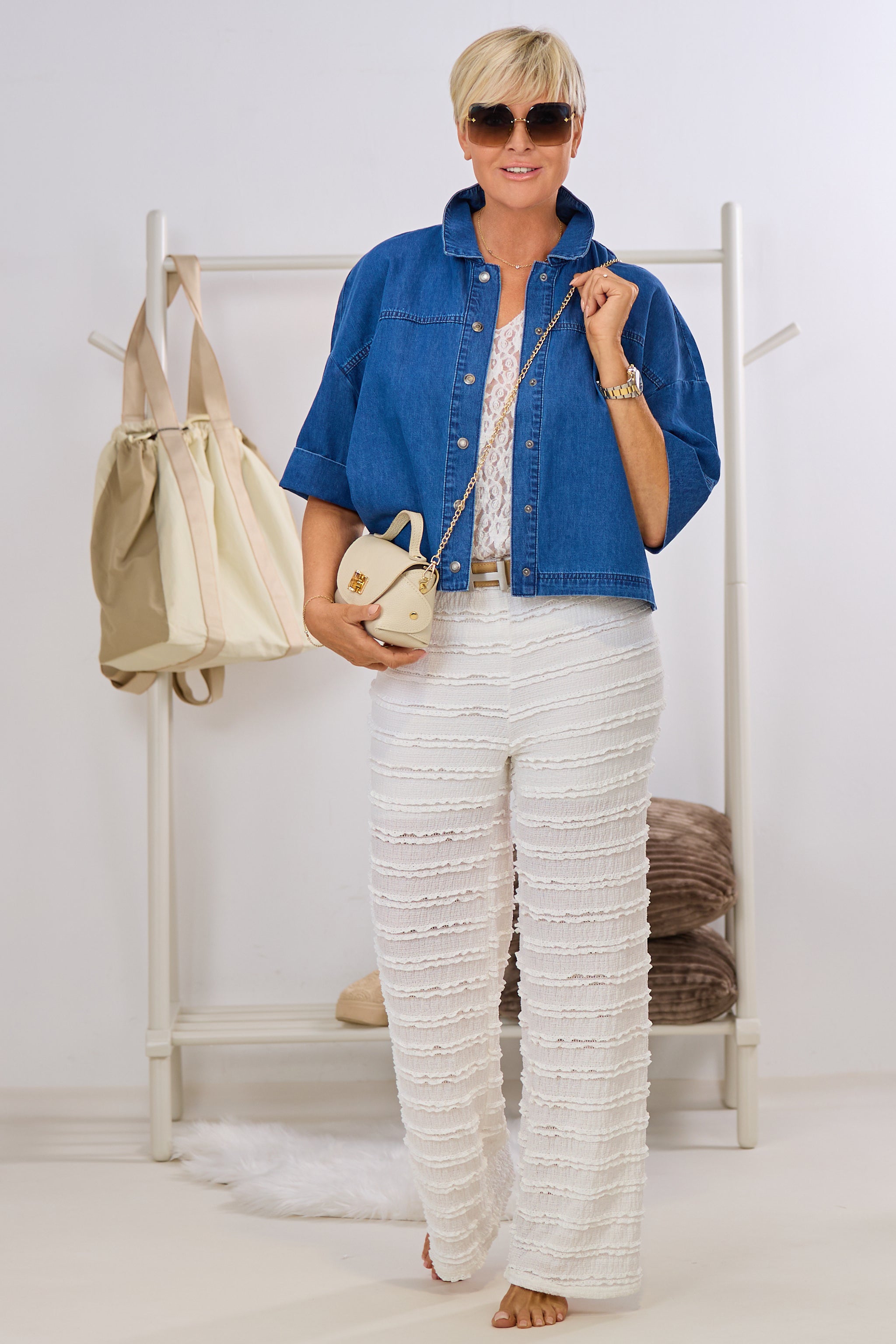 Elastische Hose mit Rüschen, weiß