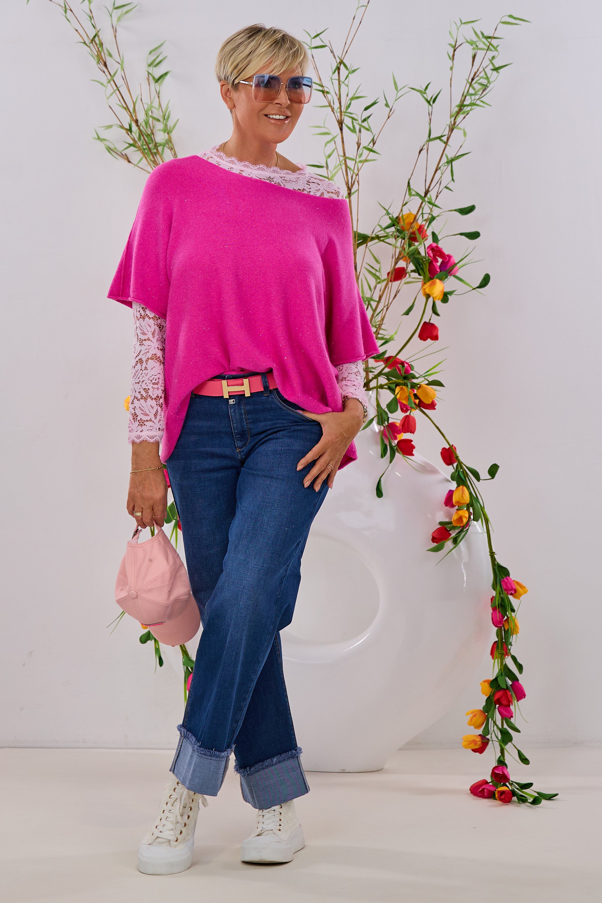 quergestrickter Pulli mit Silberfaden, fuchsia