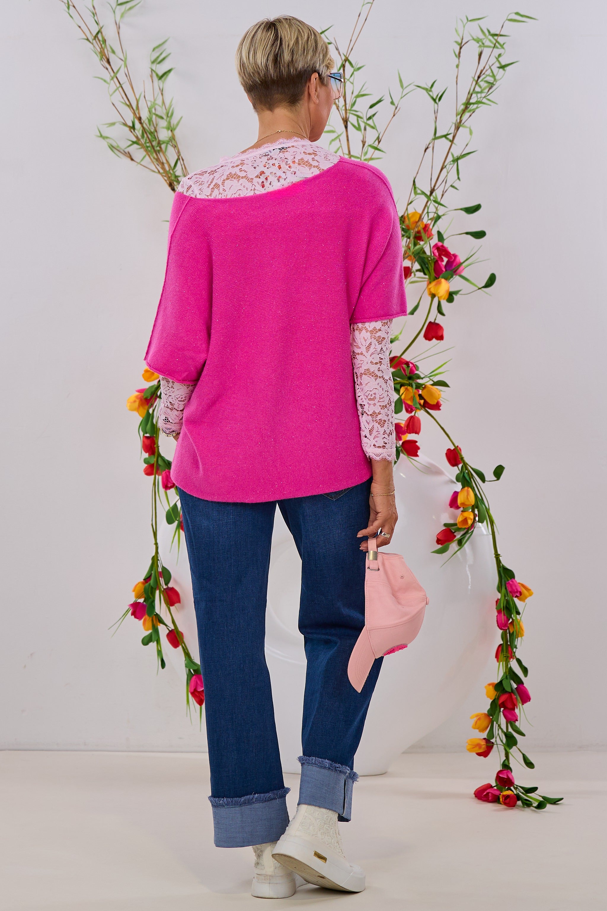 quergestrickter Pulli mit Silberfaden, fuchsia