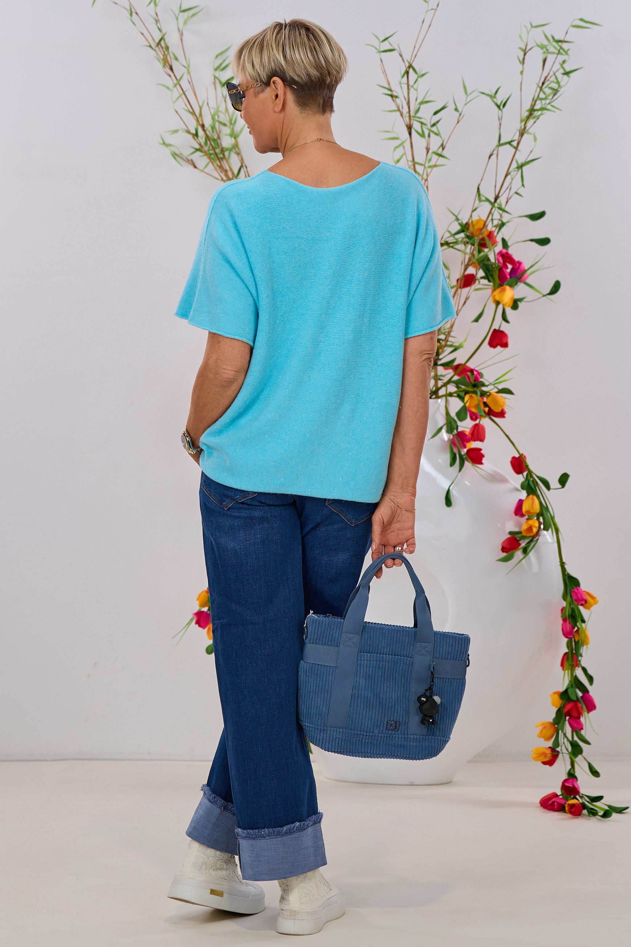 quergestrickter Pulli mit Silberfaden, türkis