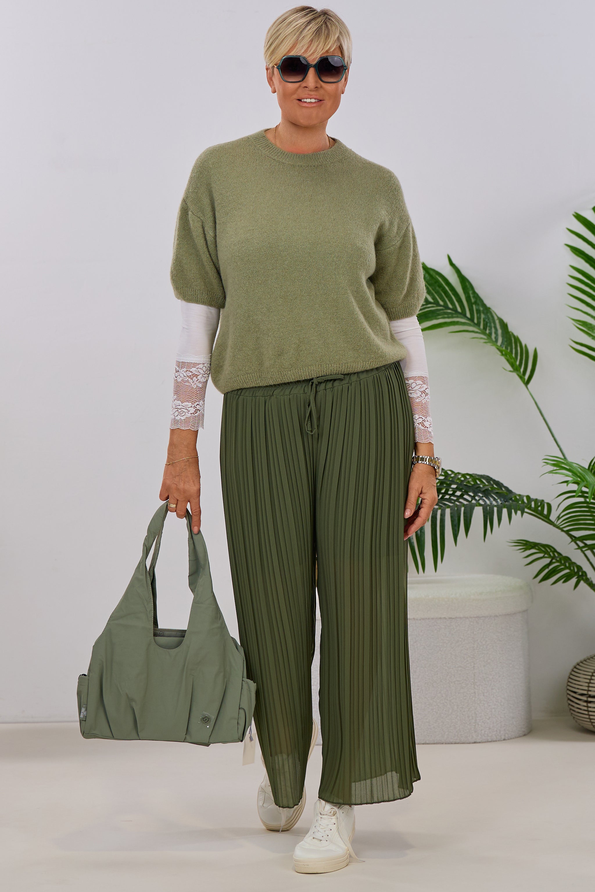 Plissée Hose mit elastischem Bund, khaki