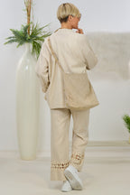 2-tlg. Set aus Kimono Jacke und Hose mit Bordüre, beige