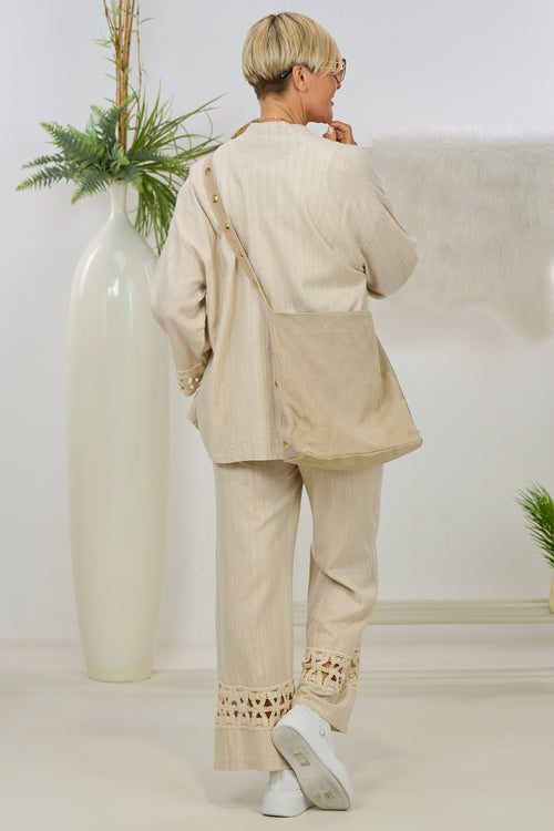 2-tlg. Set aus Kimono Jacke und Hose mit Bordüre, beige