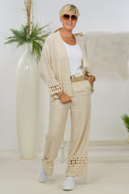 2-tlg. Set aus Kimono Jacke und Hose mit Bordüre, beige