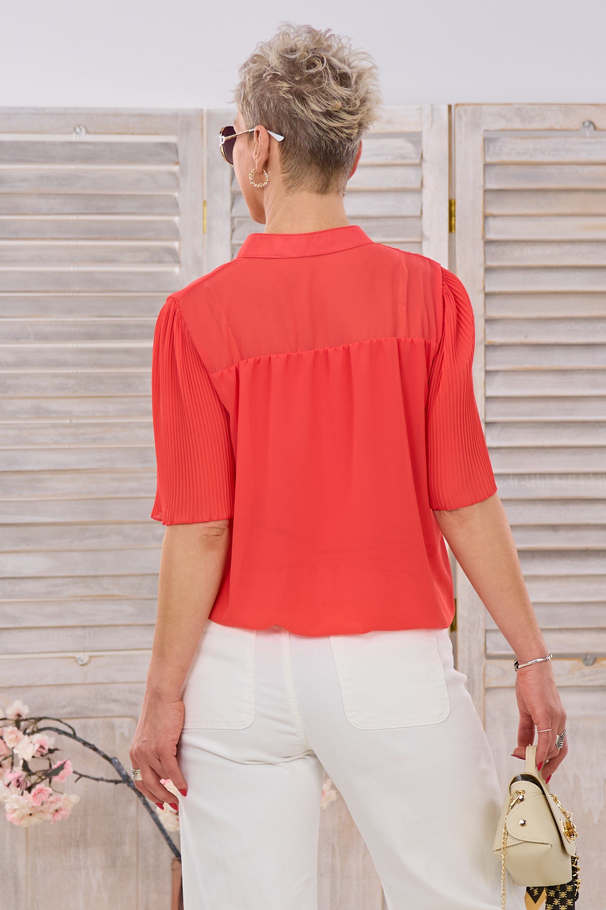 Bluse mit Plissee-Ärmeln, uni-rot